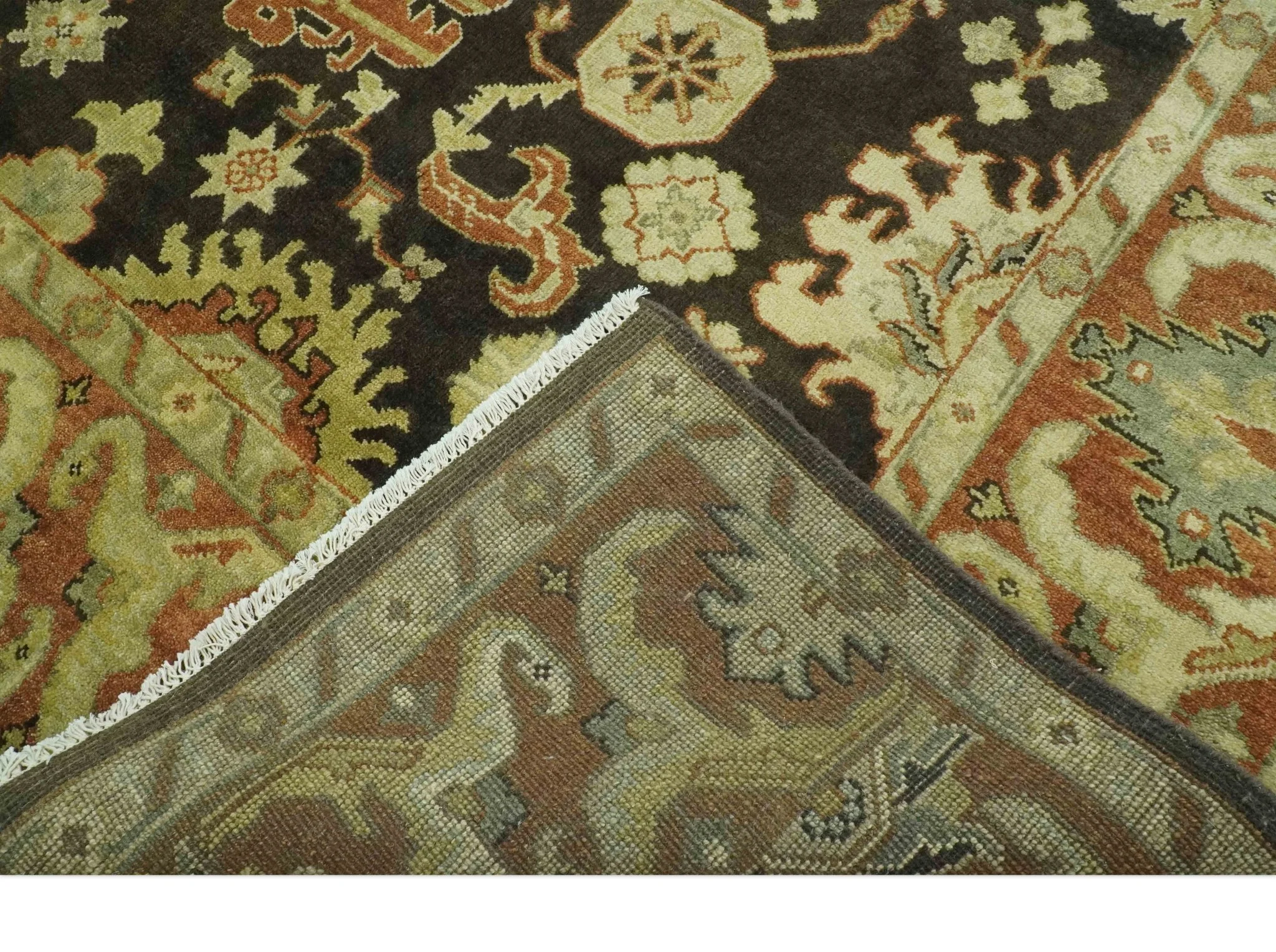 Charcoal, Olive and Rust Hand Knotted 8x10 Traditional Style Oushak Wool Area Rug - Image 7