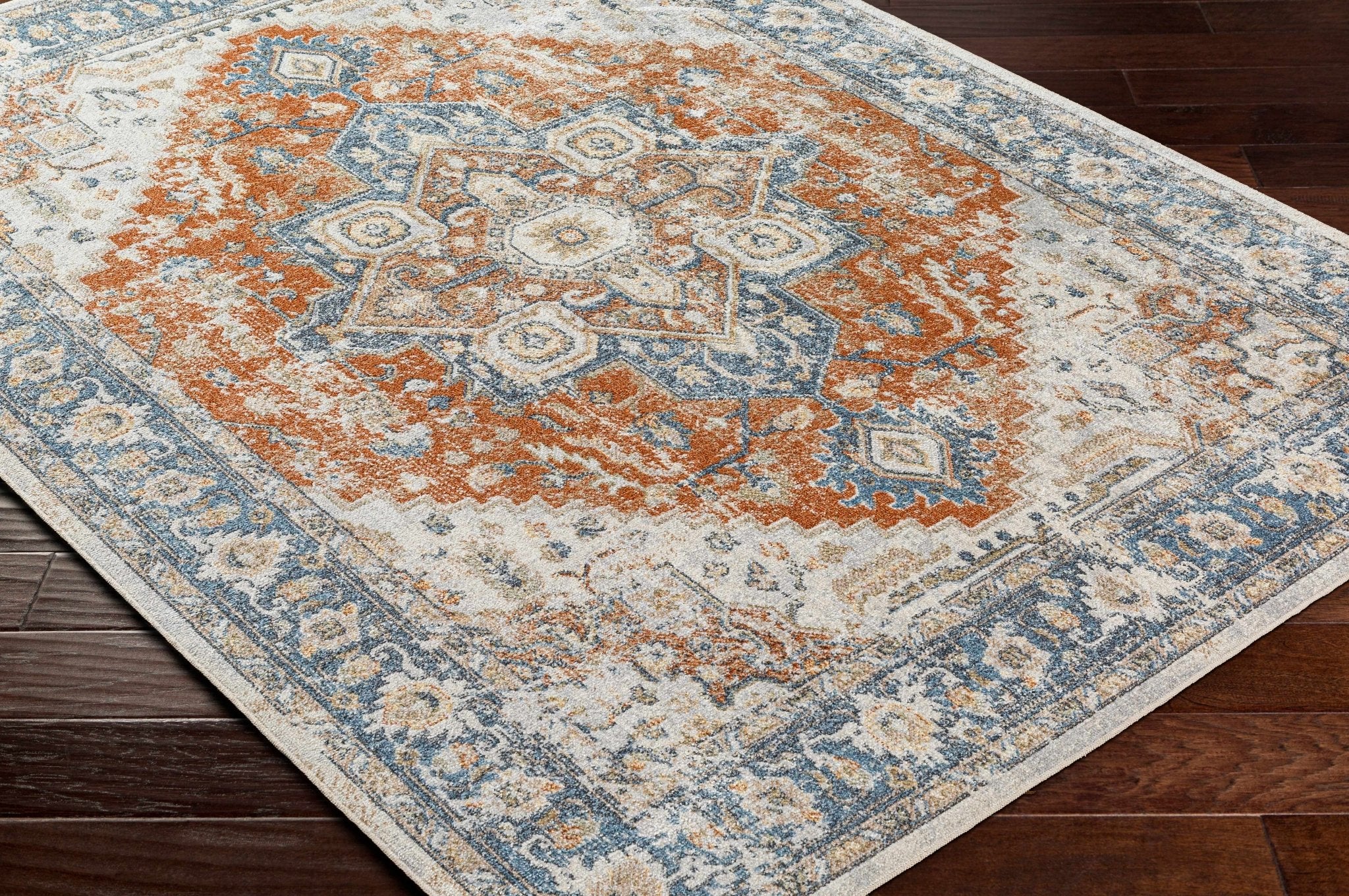 Charcoal, Orange and Silver Traditional Heriz Medallion Washable Area Rug - Image 2