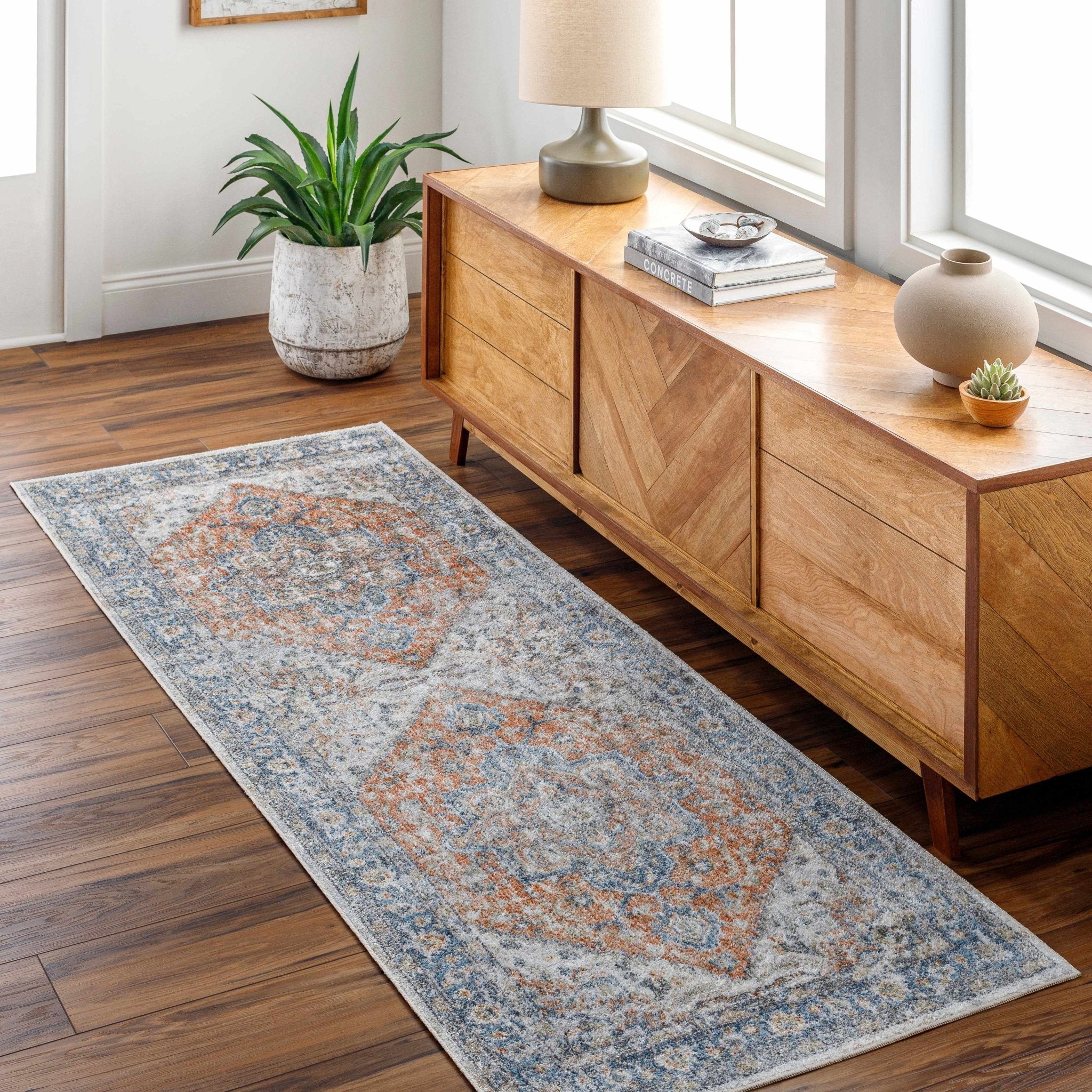 Charcoal, Orange and Silver Traditional Heriz Medallion Washable Area Rug - Image 5