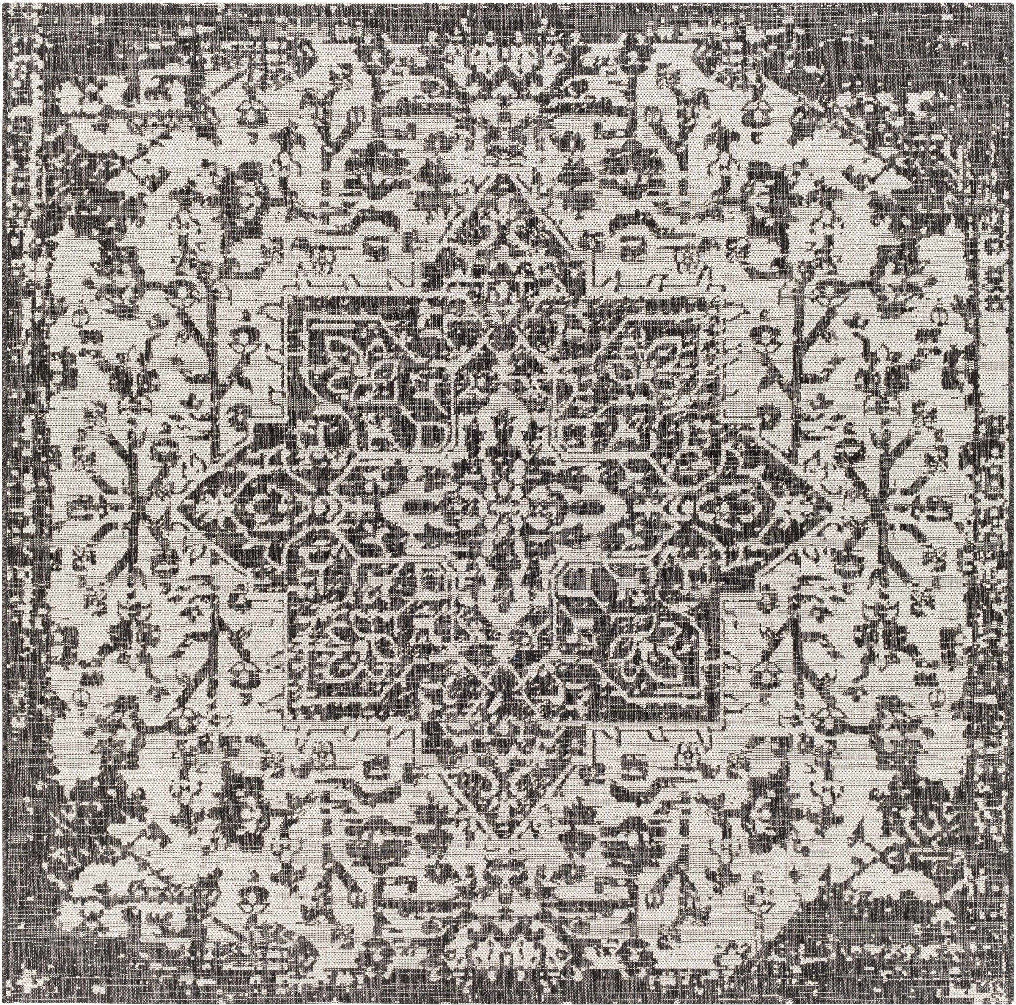 Traditional Heriz Medallion Design Charcoal and Silver Indoor and Outdoor Area Rug - Image 2