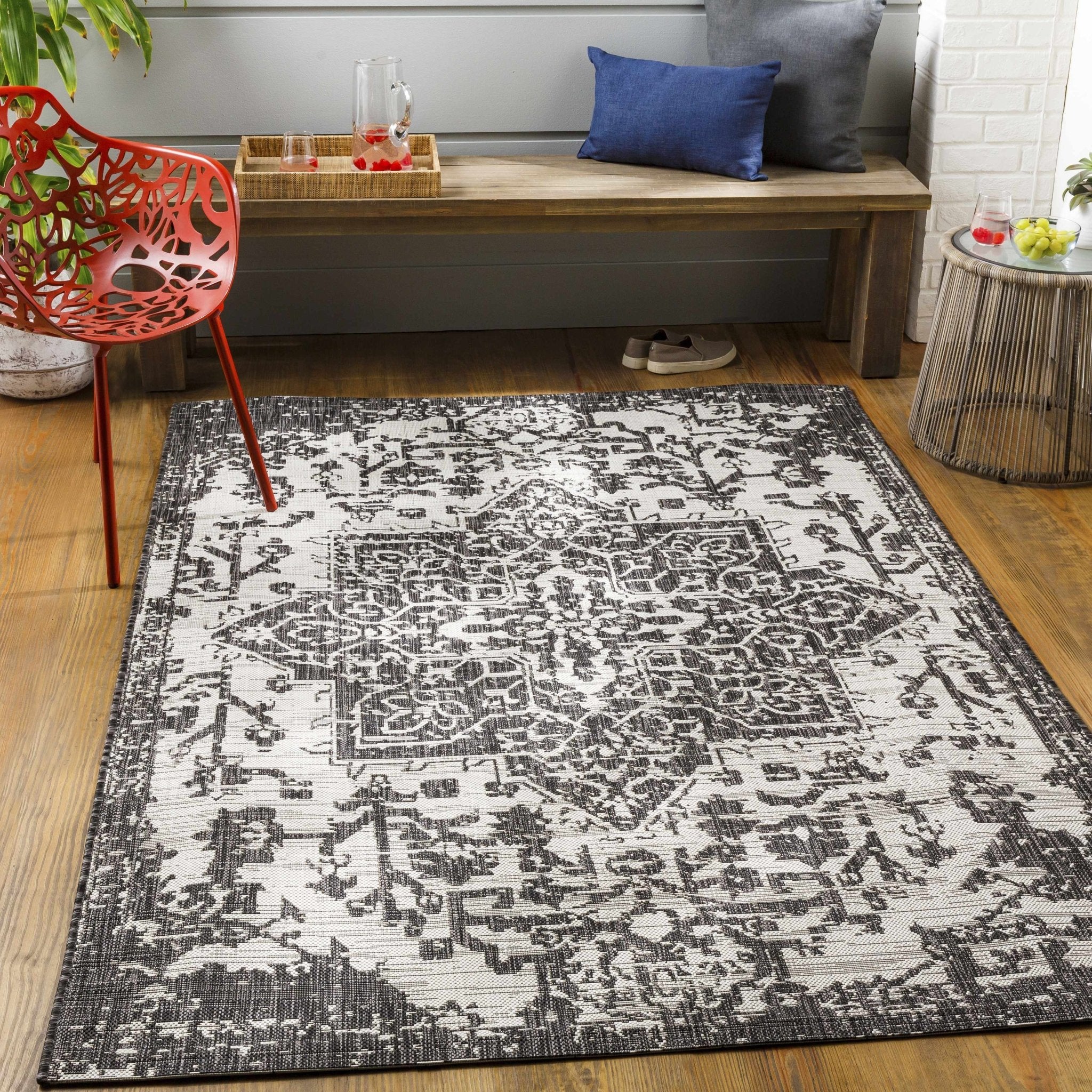 Traditional Heriz Medallion Design Charcoal and Silver Indoor and Outdoor Area Rug - Image 5