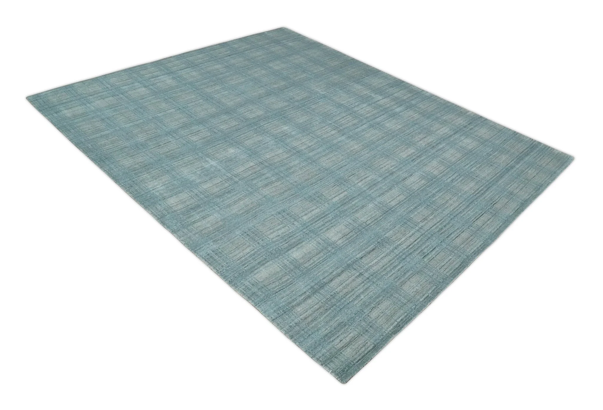 Checkered Blue and Gray Scandinavian 8x10 Hand Made Blended Wool Flatwoven Area Rug | KE26 - Image 10