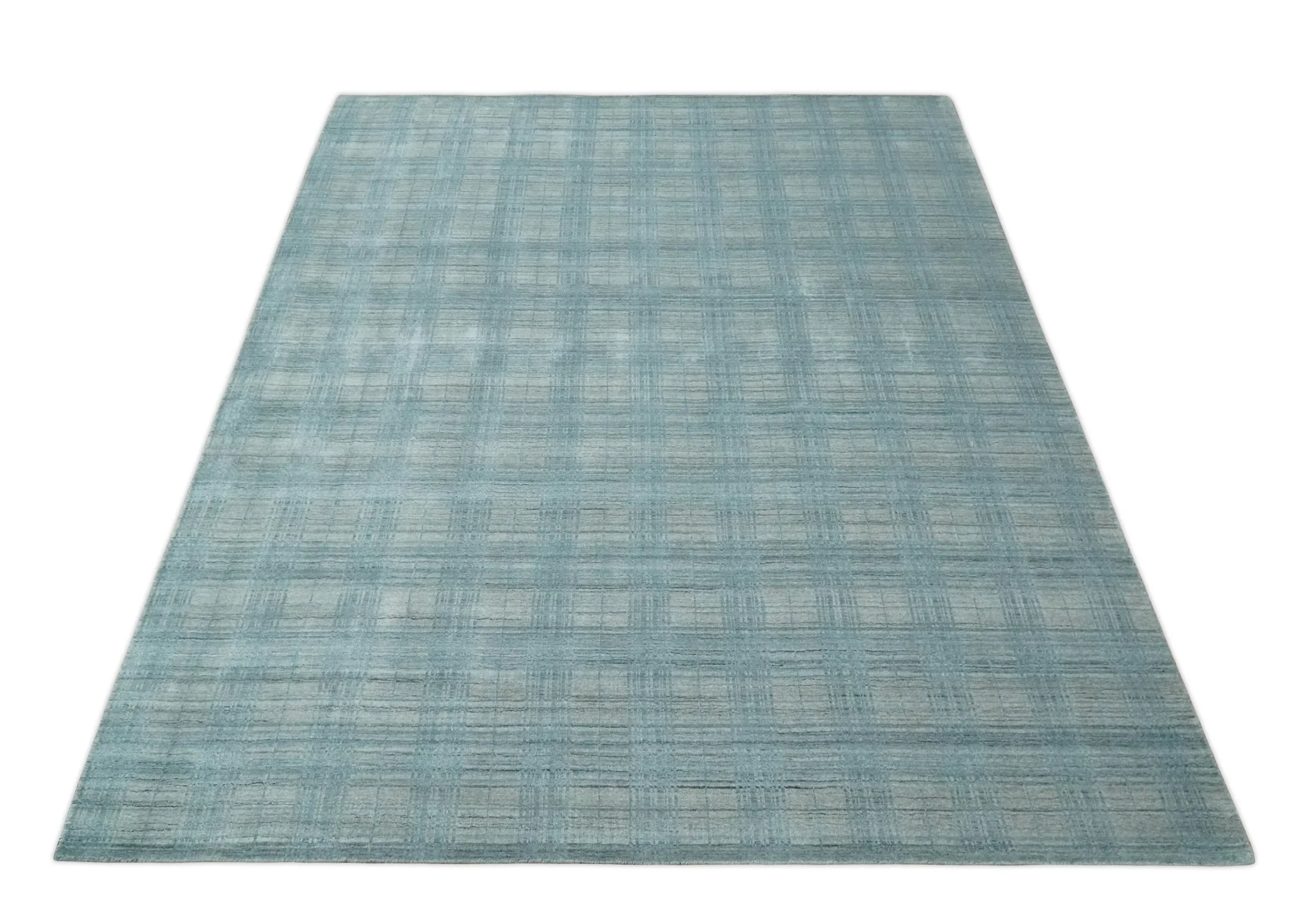 Checkered Blue and Gray Scandinavian 8x10 Hand Made Blended Wool Flatwoven Area Rug | KE26 - Image 11