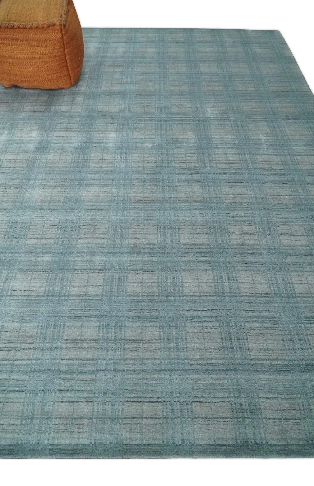 Checkered Blue and Gray Scandinavian 8x10 Hand Made Blended Wool Flatwoven Area Rug | KE26 - Image 3
