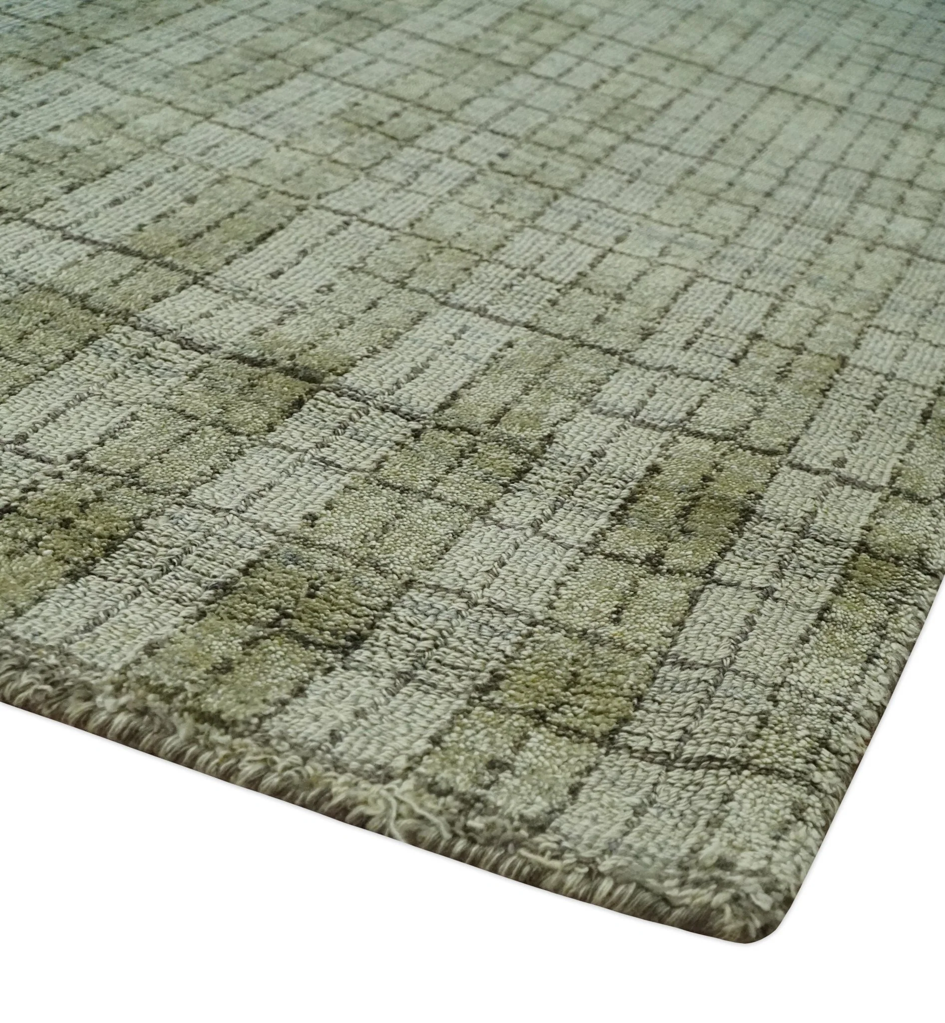 Checkered Olive Green & Beige Scandinavian 8x10 Hand Made Blended Wool Flatwoven Area Rug | KE19 - Image 3
