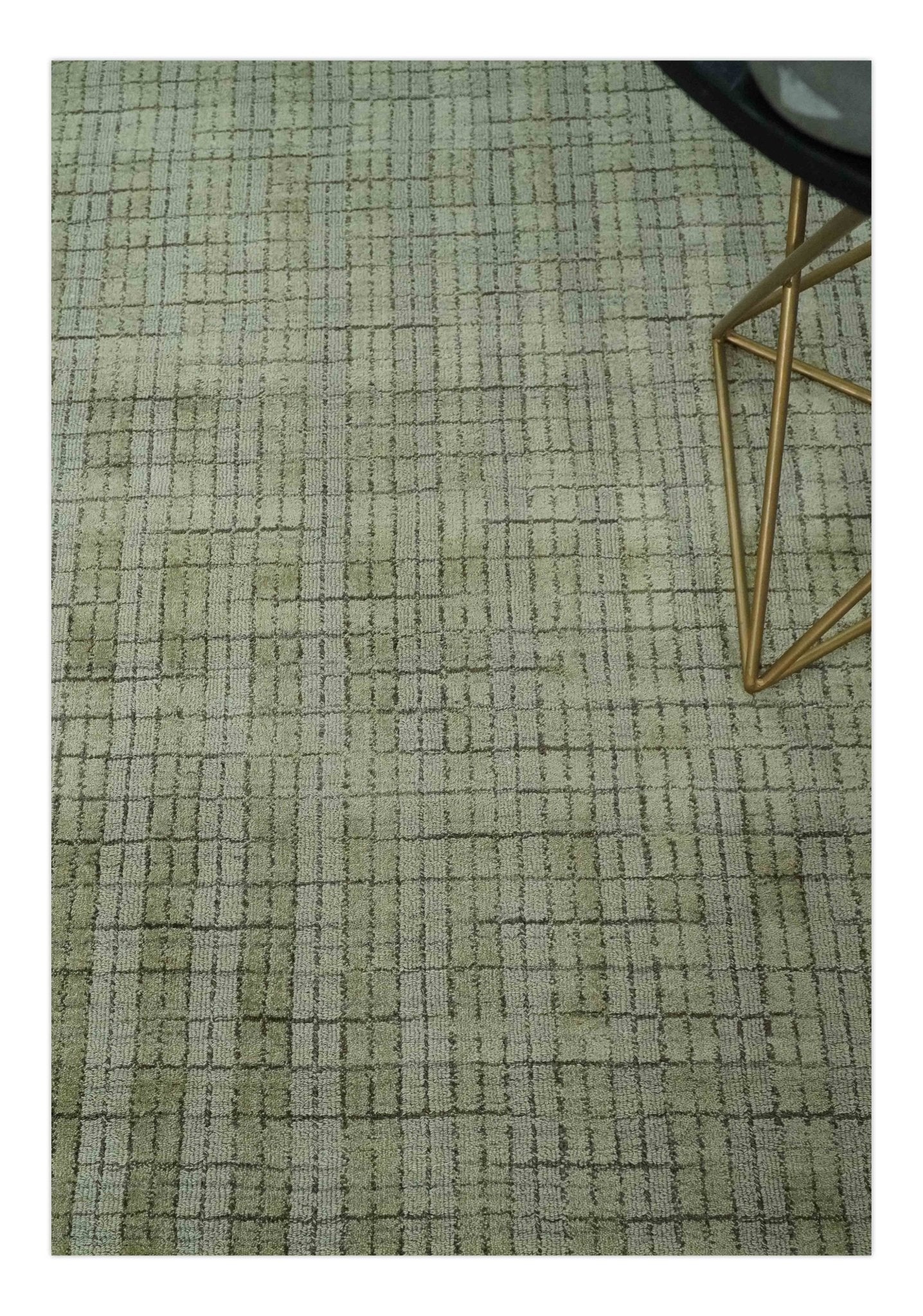 Checkered Olive Green & Beige Scandinavian 8x10 Hand Made Blended Wool Flatwoven Area Rug | KE19 - Image 4