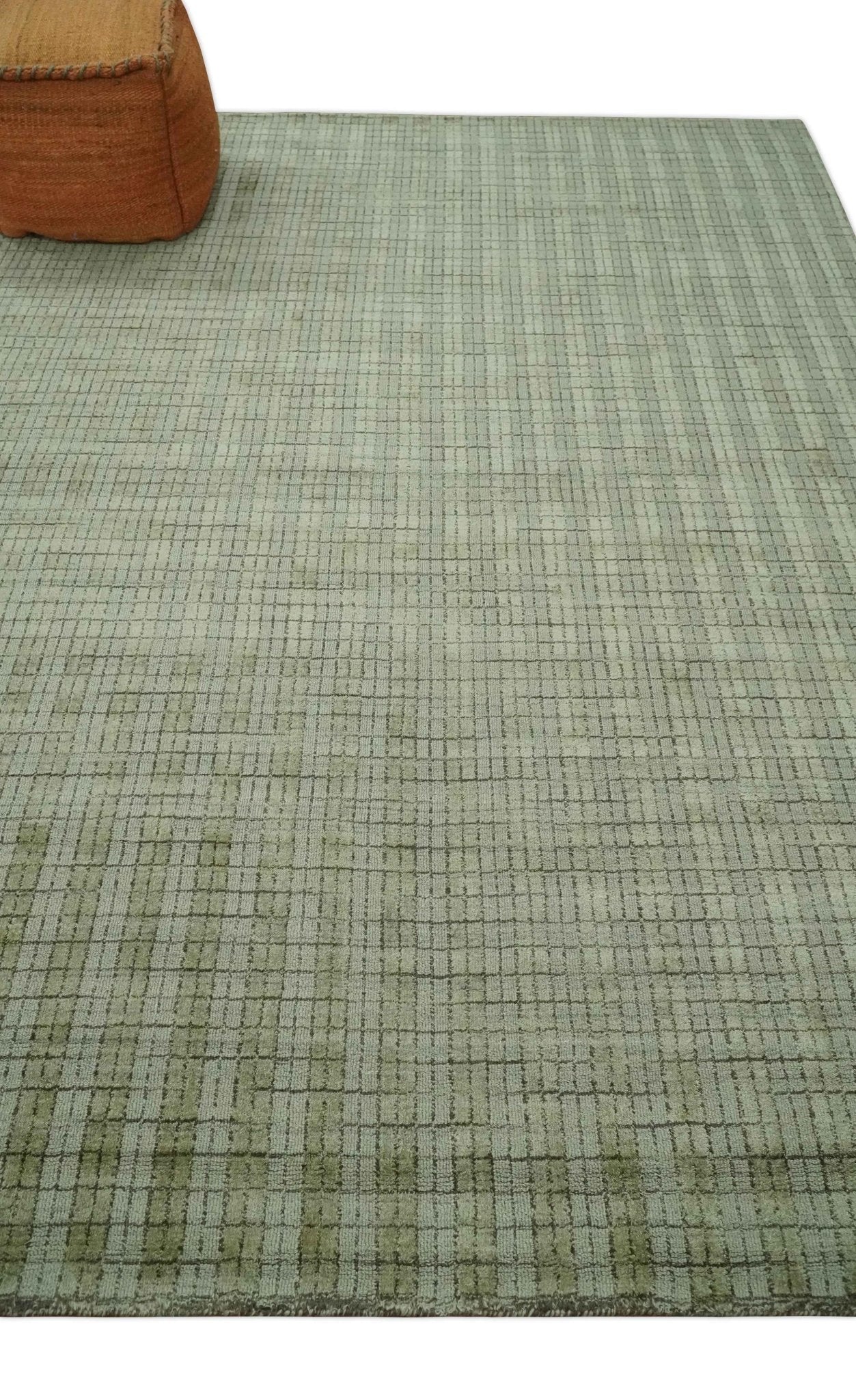 Checkered Olive Green & Beige Scandinavian 8x10 Hand Made Blended Wool Flatwoven Area Rug | KE19 - Image 5