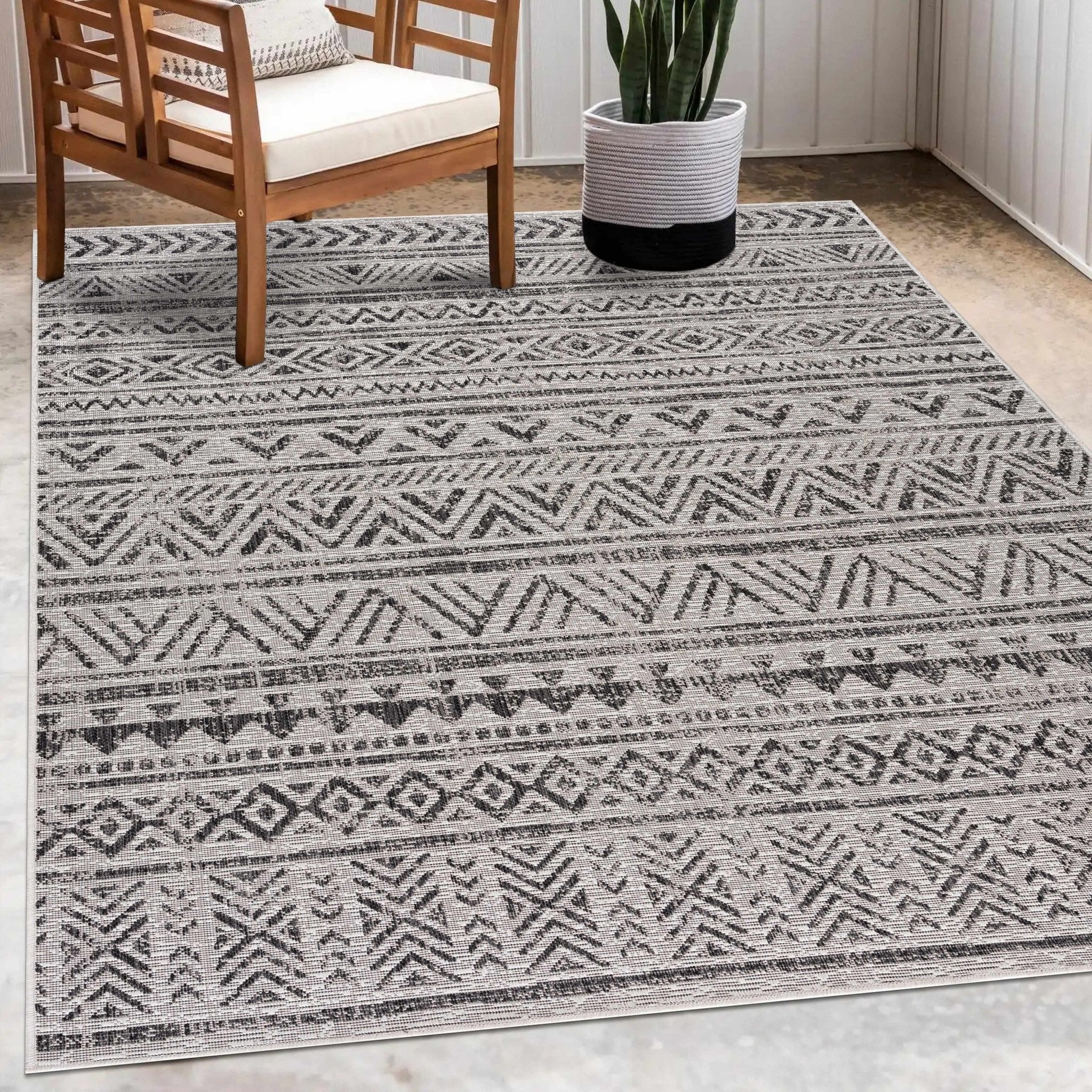 Modern Stripes Chevron Design Ivory and Charcoal Outdoor Safe Area Rug - Image 17