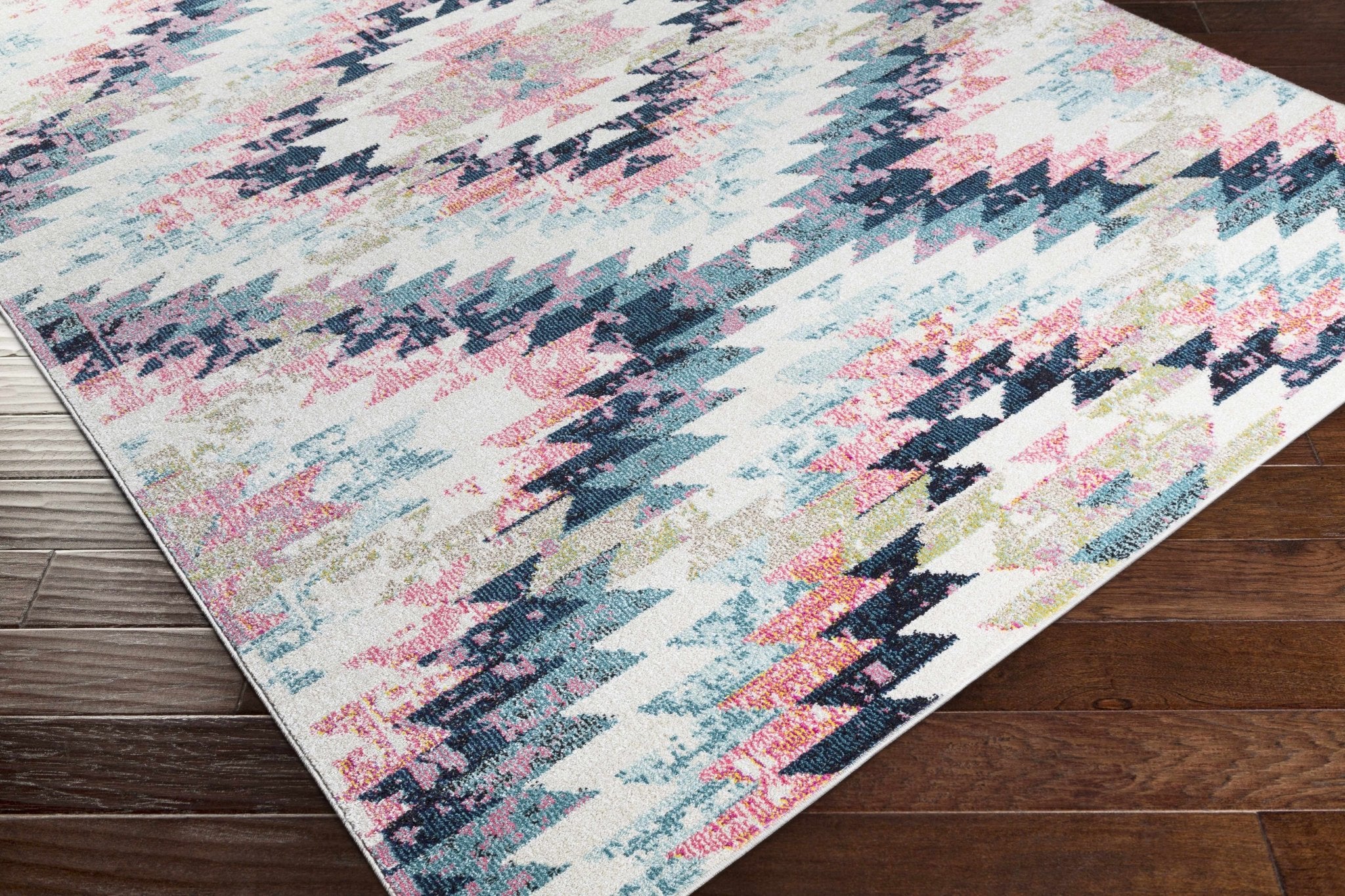 Modern Geometrical Chevron Design Ivory, Pink, Blue and Teal Multi size Rug - Image 17