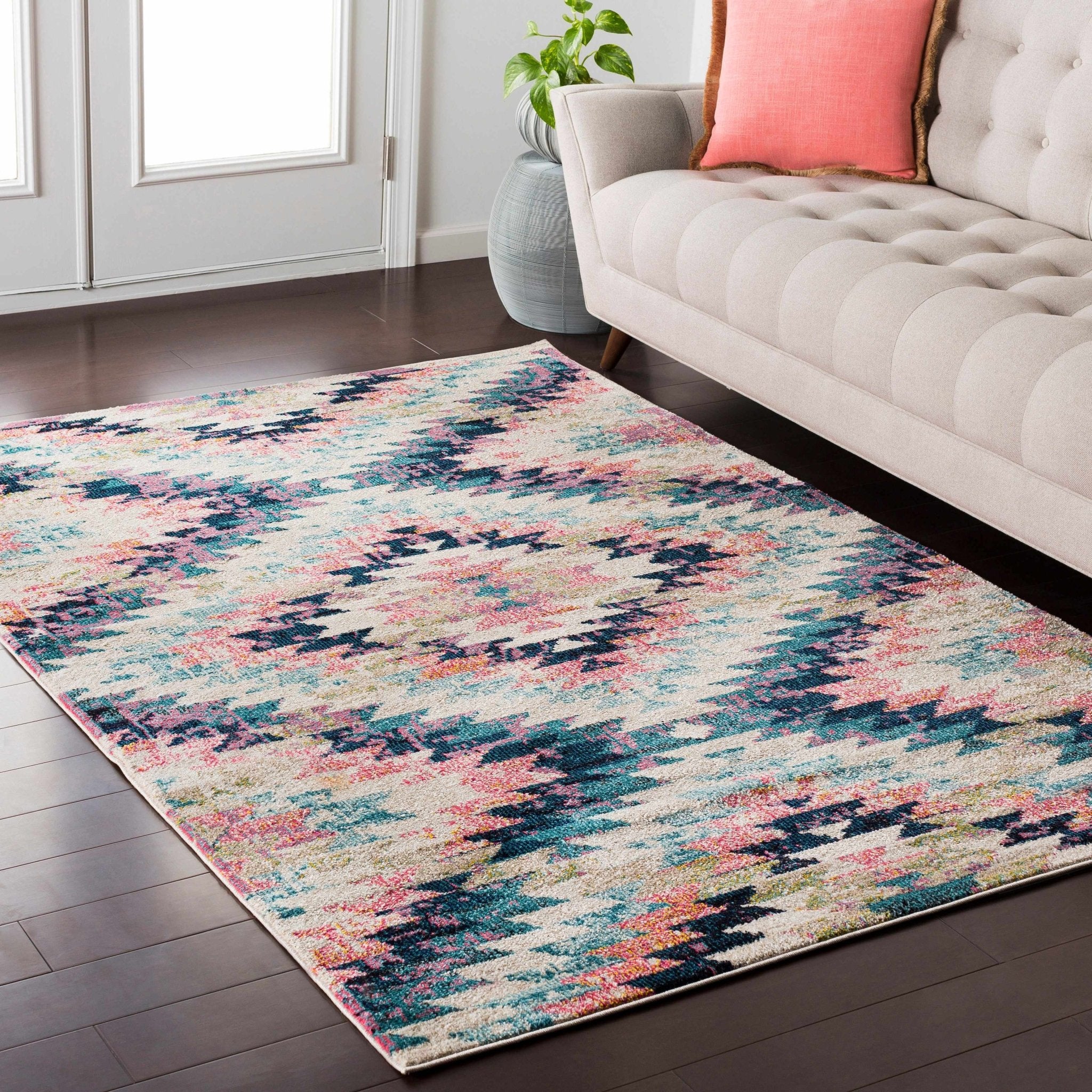 Modern Geometrical Chevron Design Ivory, Pink, Blue and Teal Multi size Rug - Image 18