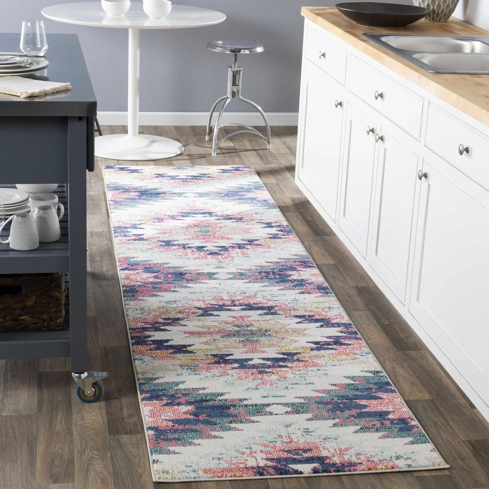 Modern Geometrical Chevron Design Ivory, Pink, Blue and Teal Multi size Rug - Image 2