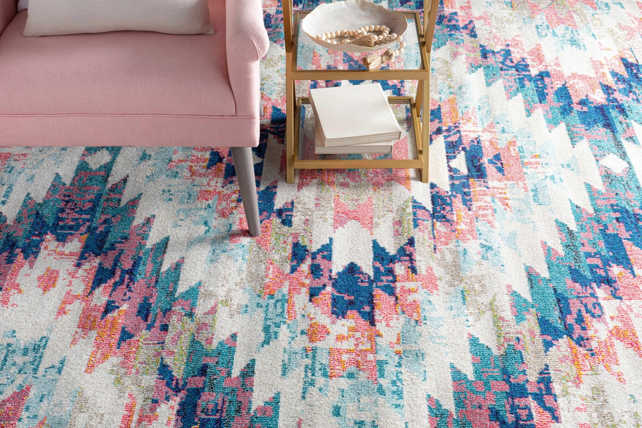 Modern Geometrical Chevron Design Ivory, Pink, Blue and Teal Multi size Rug - Image 4