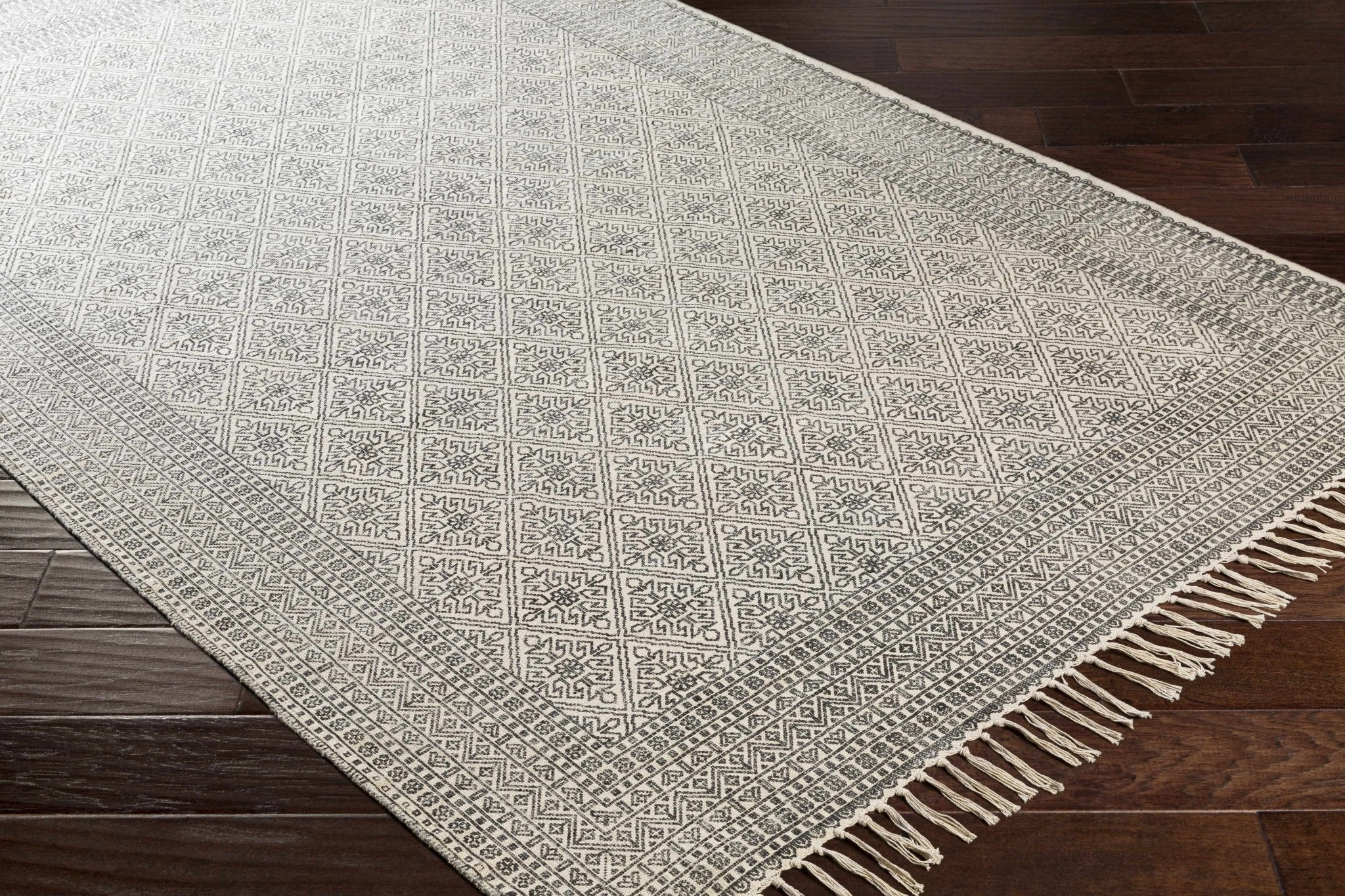 Classic Style Hand Woven Ivory and Charcoal Geometrical area rug - Image 7