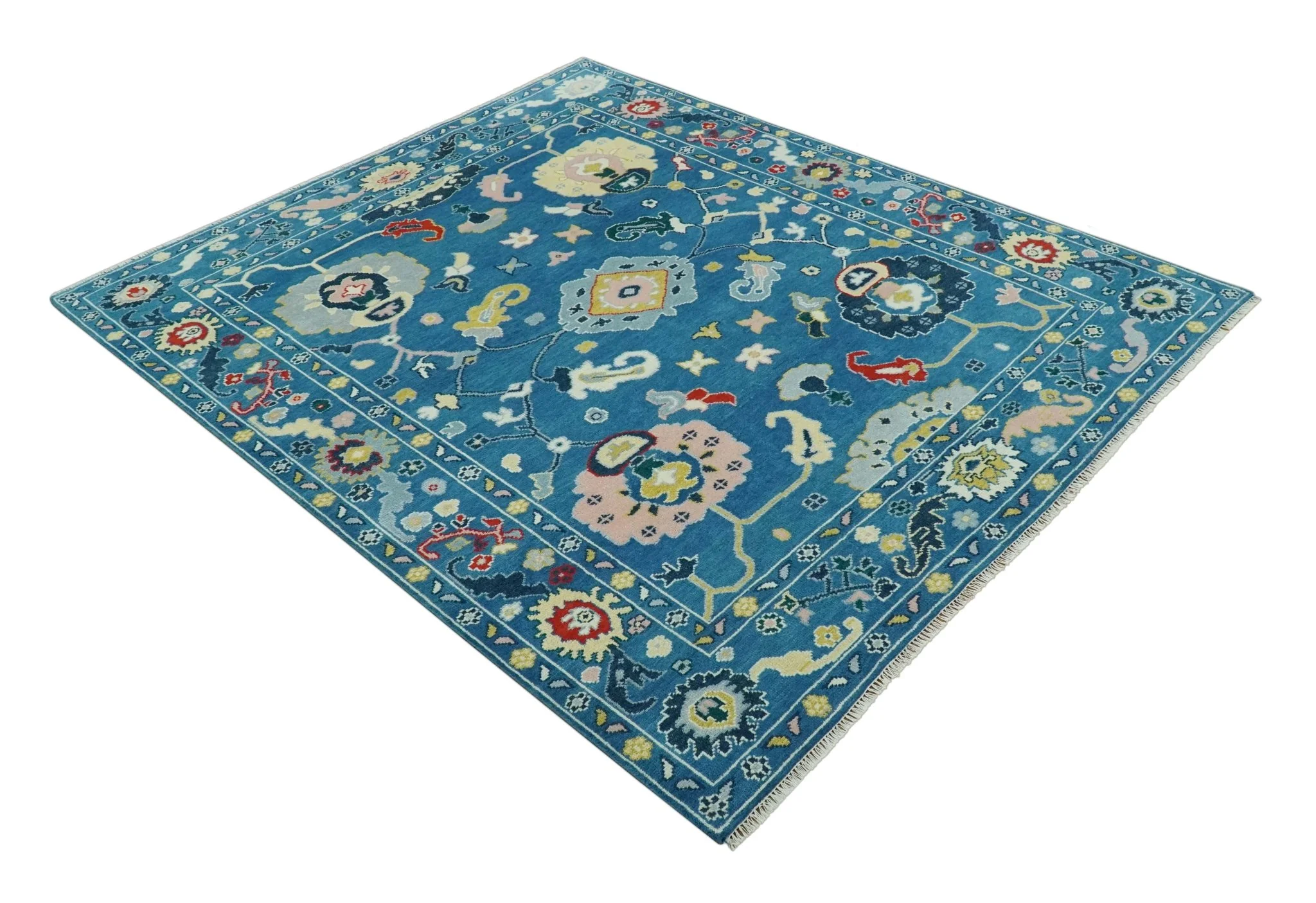 Vibrant colorful Blue Hand Knotted 8x10 Traditional Oushak Wool area Rug - Image 10