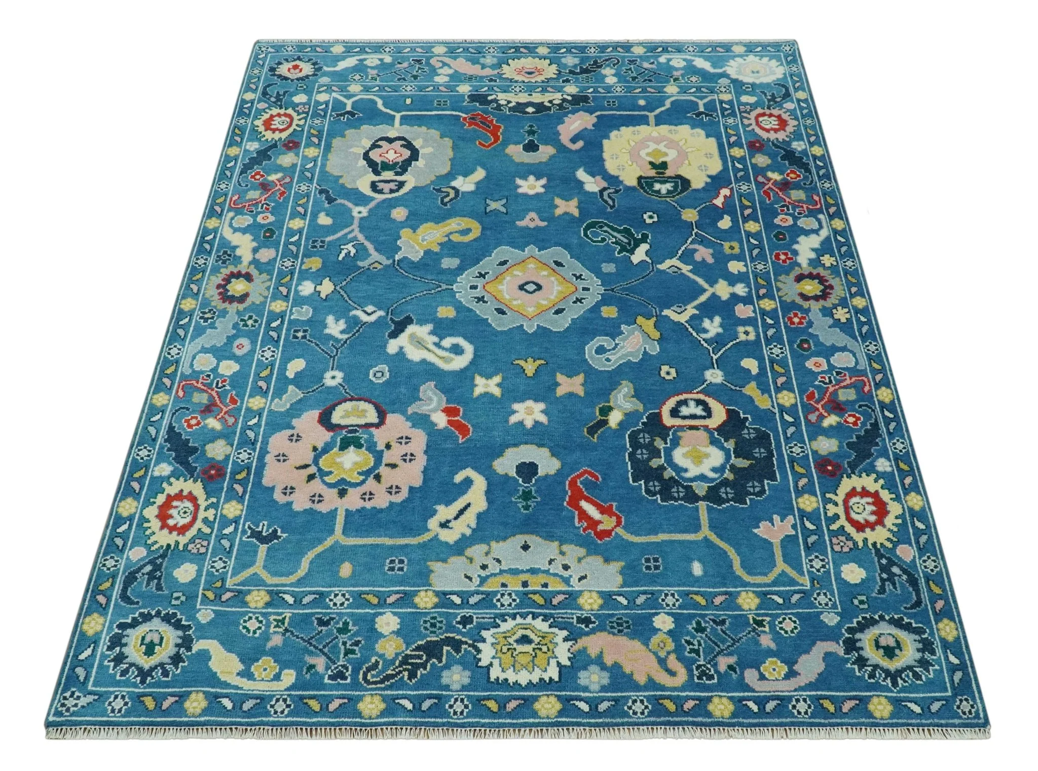 Vibrant colorful Blue Hand Knotted 8x10 Traditional Oushak Wool area Rug - Image 11