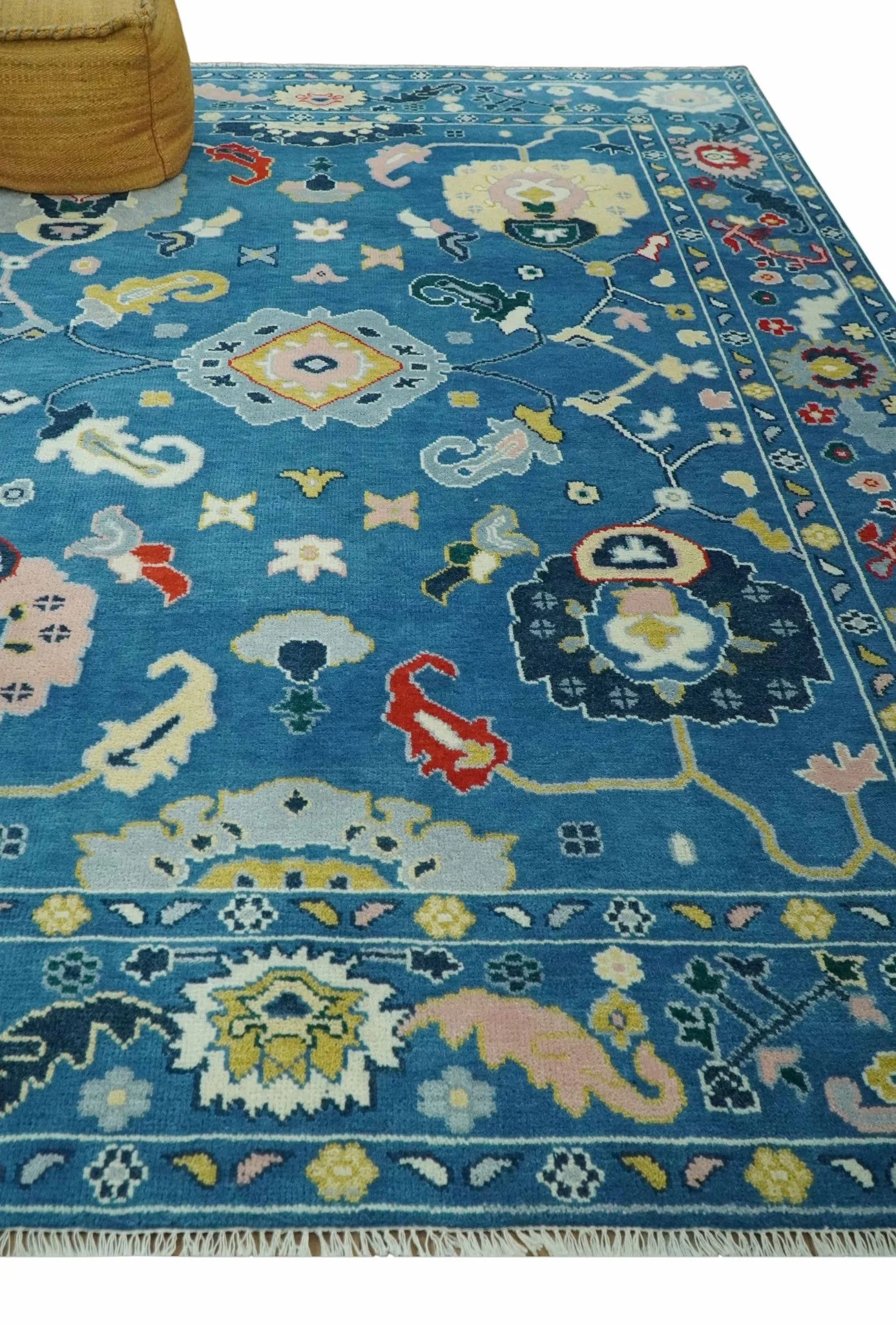 Vibrant colorful Blue Hand Knotted 8x10 Traditional Oushak Wool area Rug - Image 3