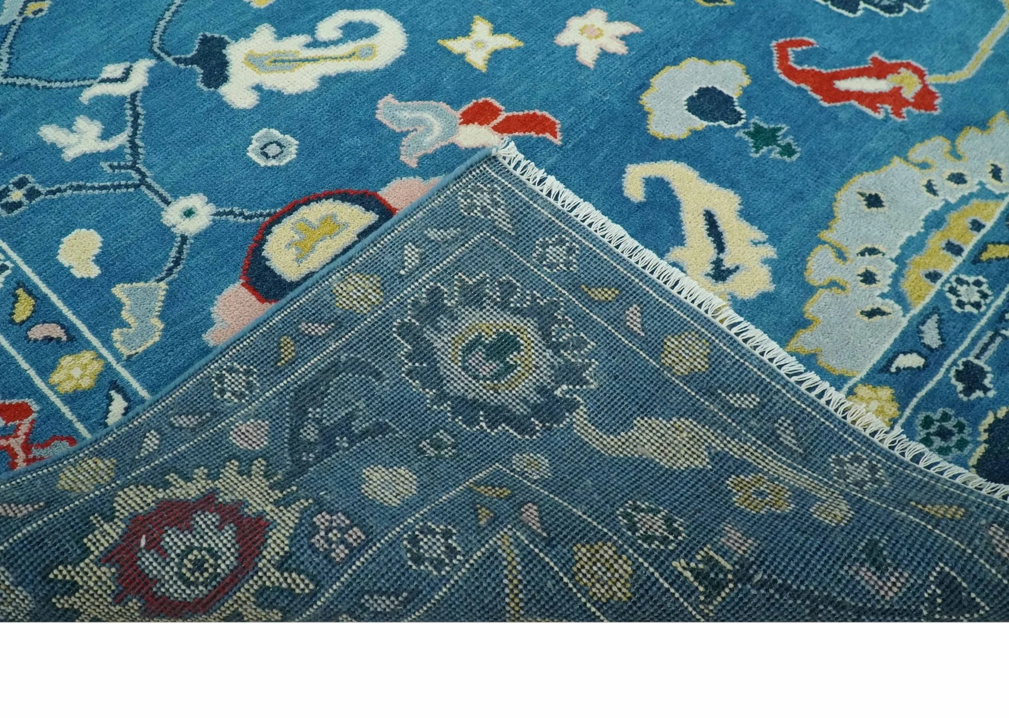 Vibrant colorful Blue Hand Knotted 8x10 Traditional Oushak Wool area Rug - Image 6