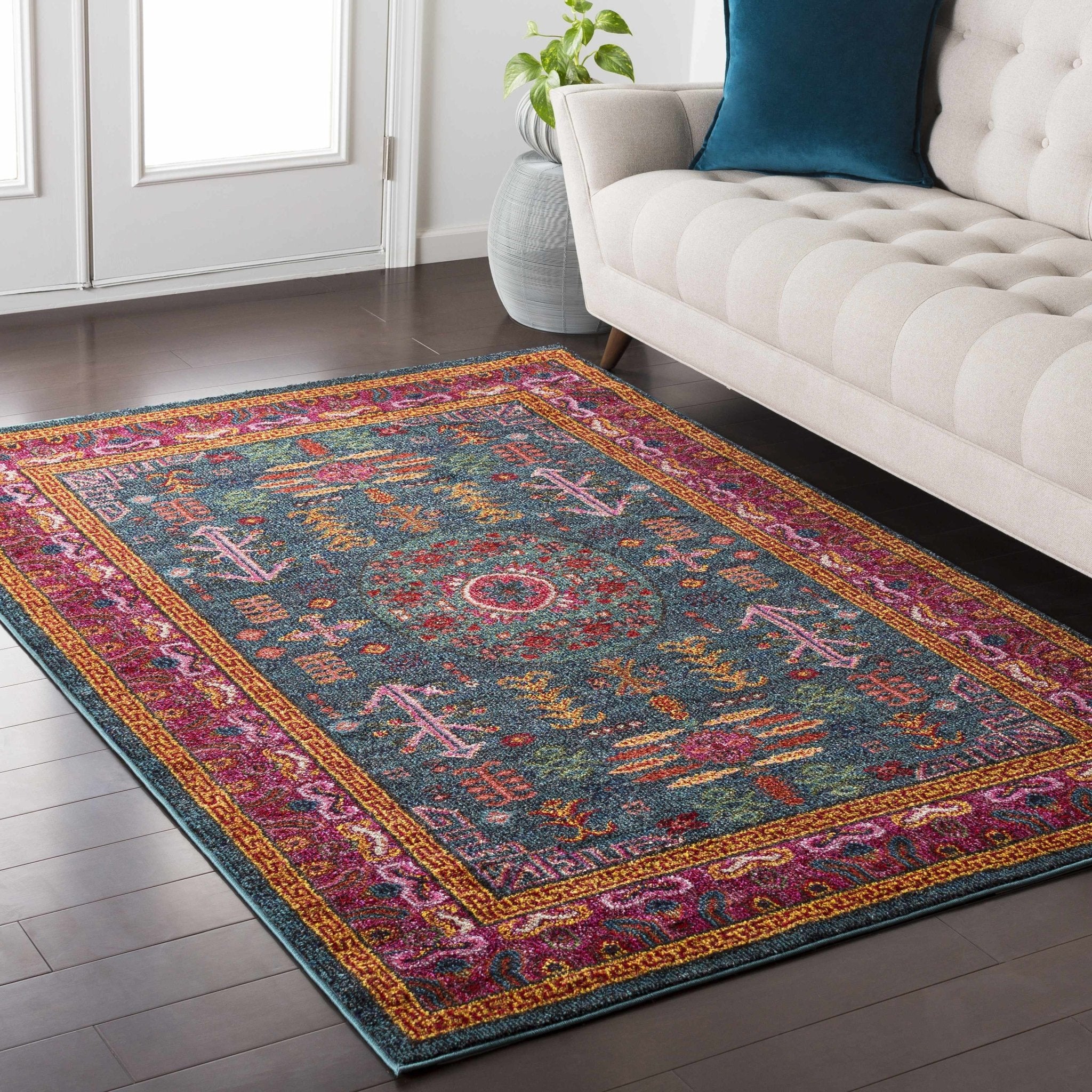 Colorful Green, Blue and Pink Traditional Medallion area rug - Image 2