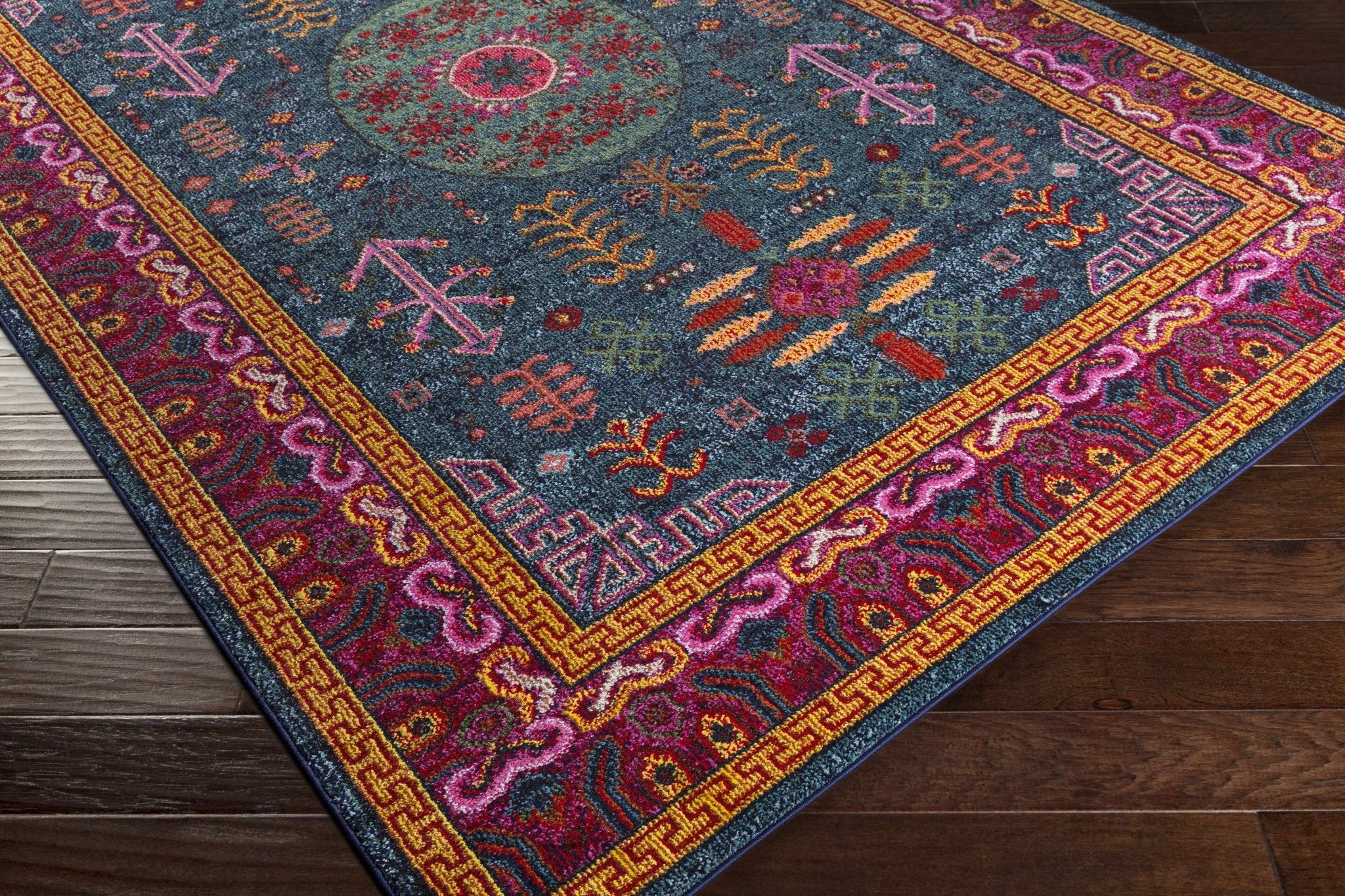 Colorful Green, Blue and Pink Traditional Medallion area rug - Image 4