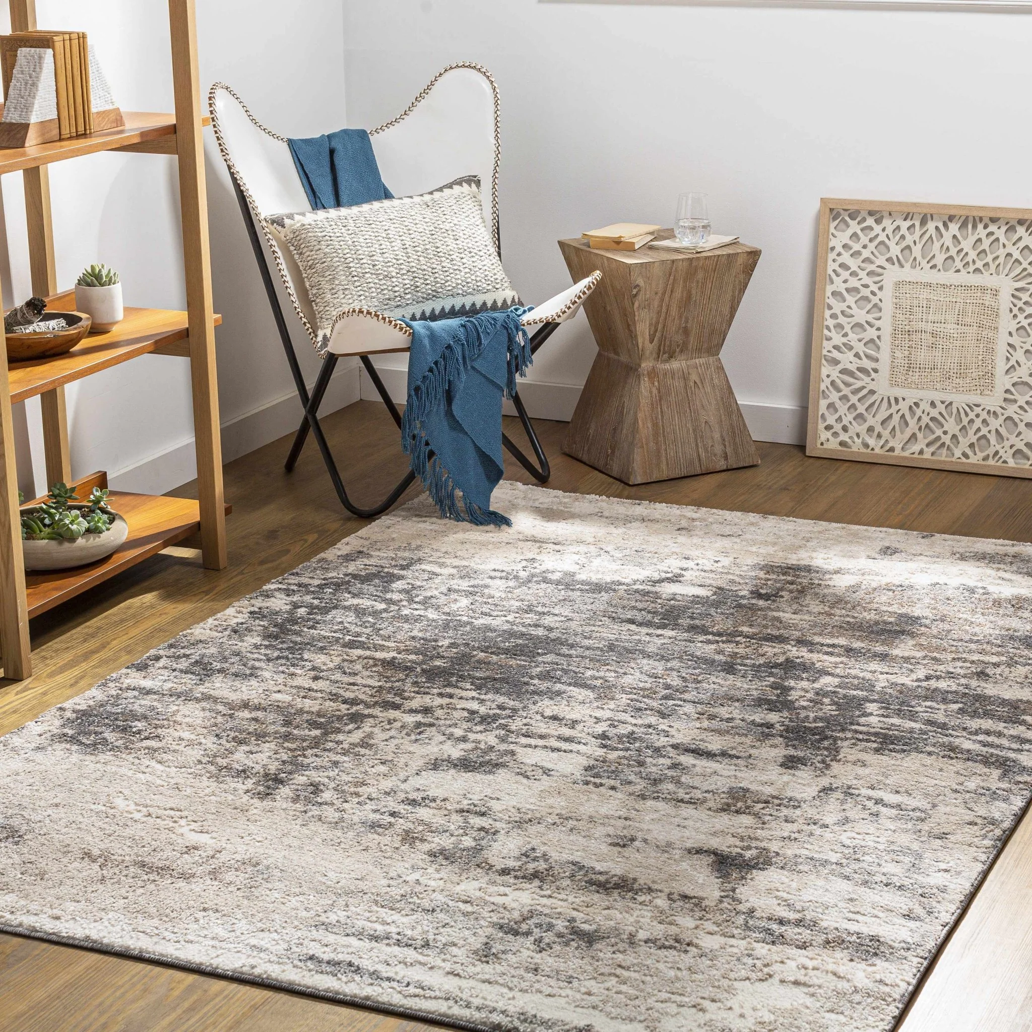 Contemporary Abstract Charcoal And Beige Area Rug - Image 3