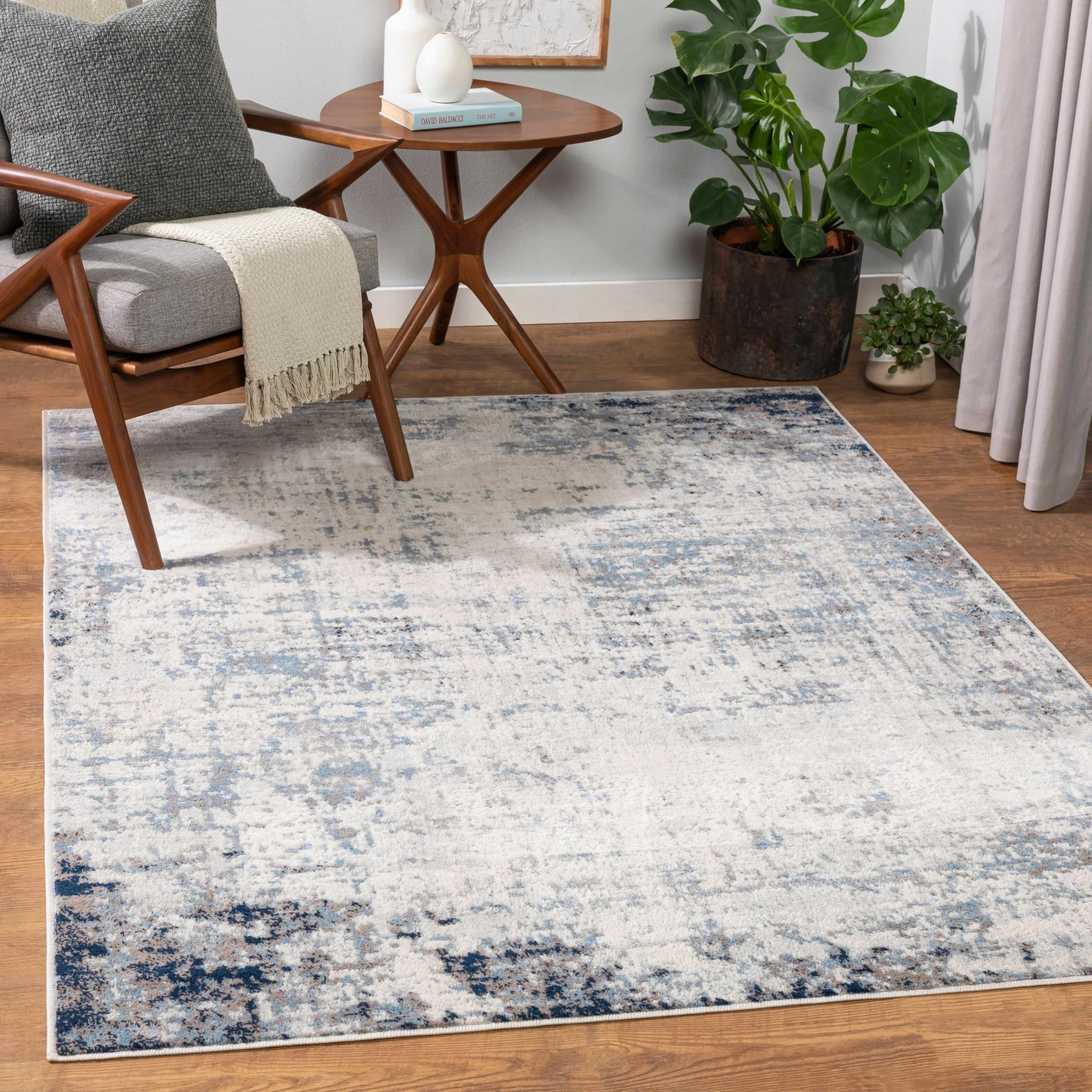 Modern Contemporary Abstract Ivory and Blue Medium pile Multi size Area Rug - Image 2