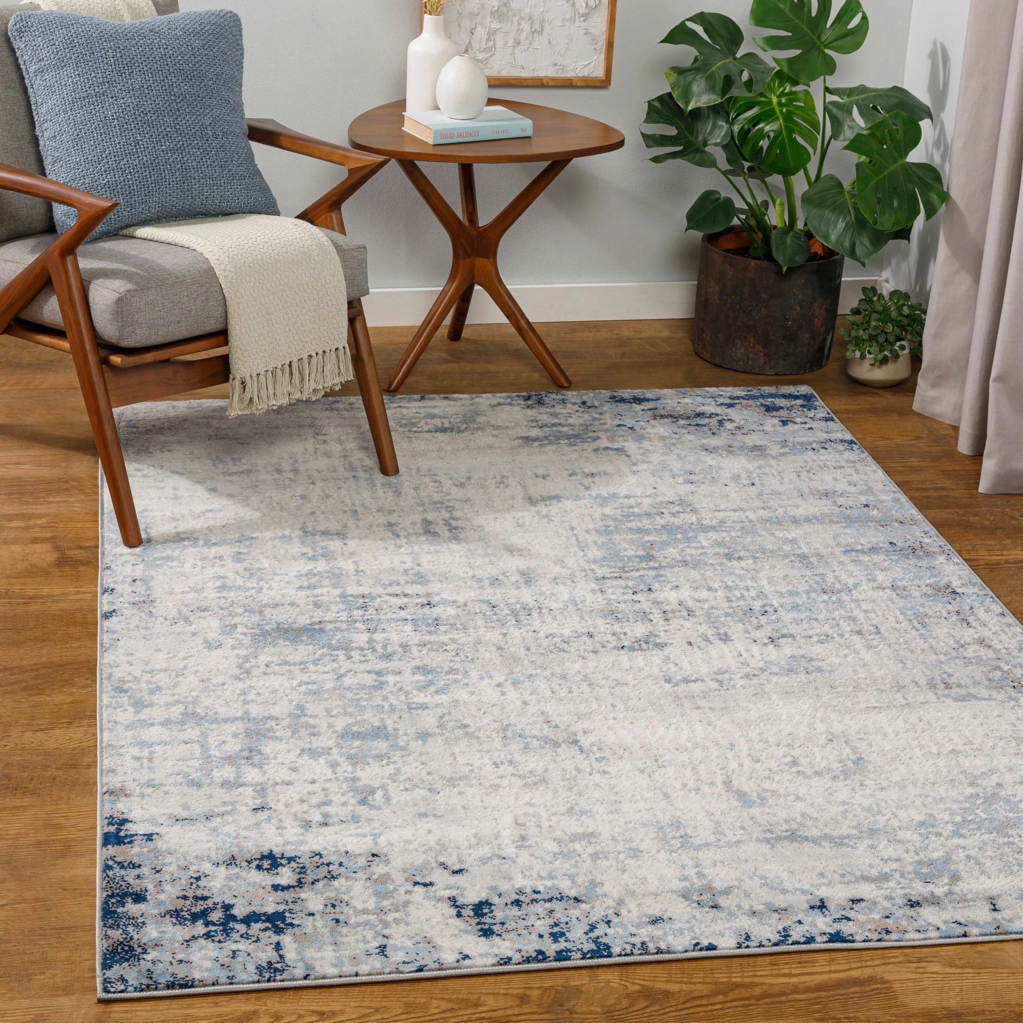 Modern Contemporary Abstract Ivory and Blue Medium pile Multi size Area Rug - Image 3