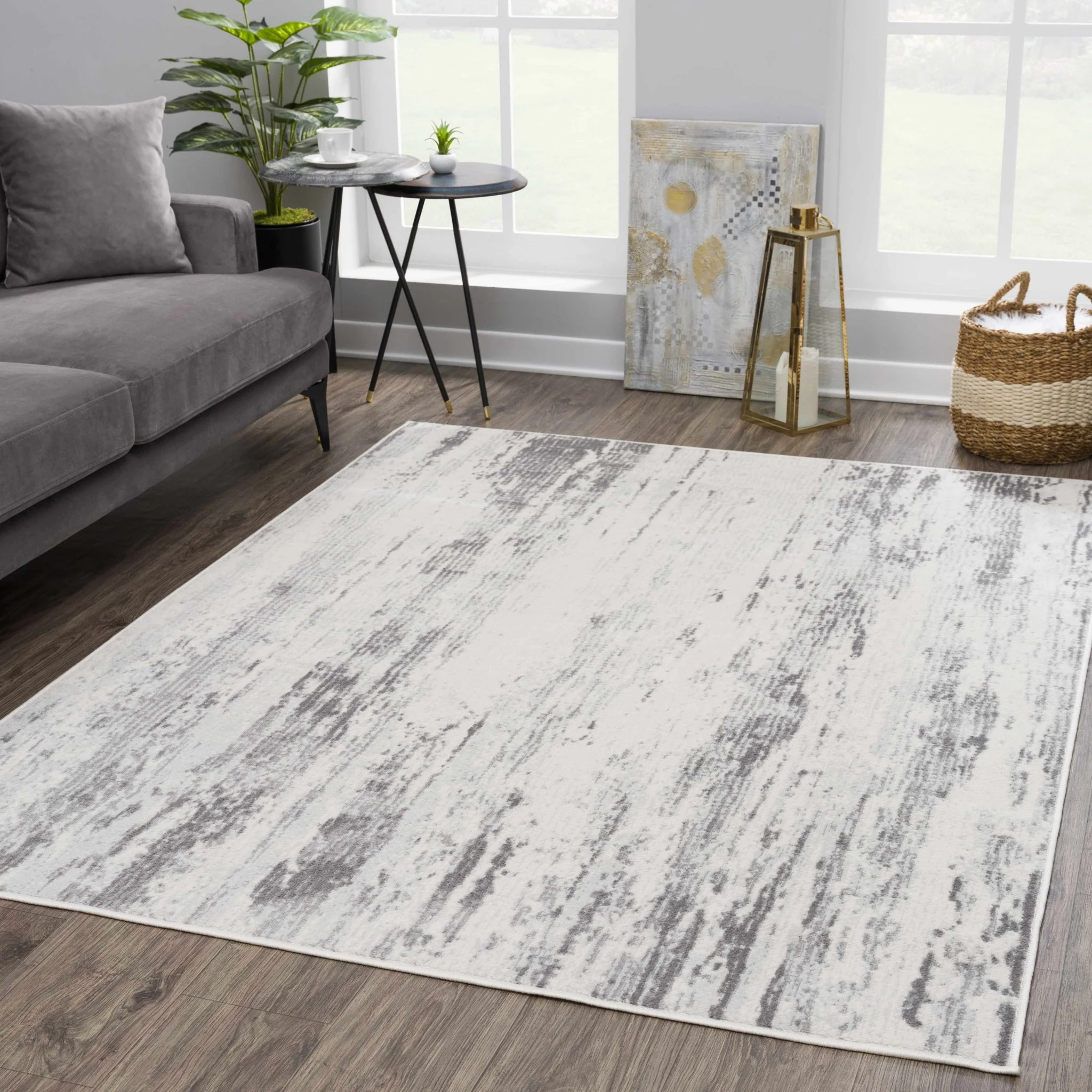 Contemporary Abstract Ivory and Gray Medium pile Multi size Area Rug - Image 2