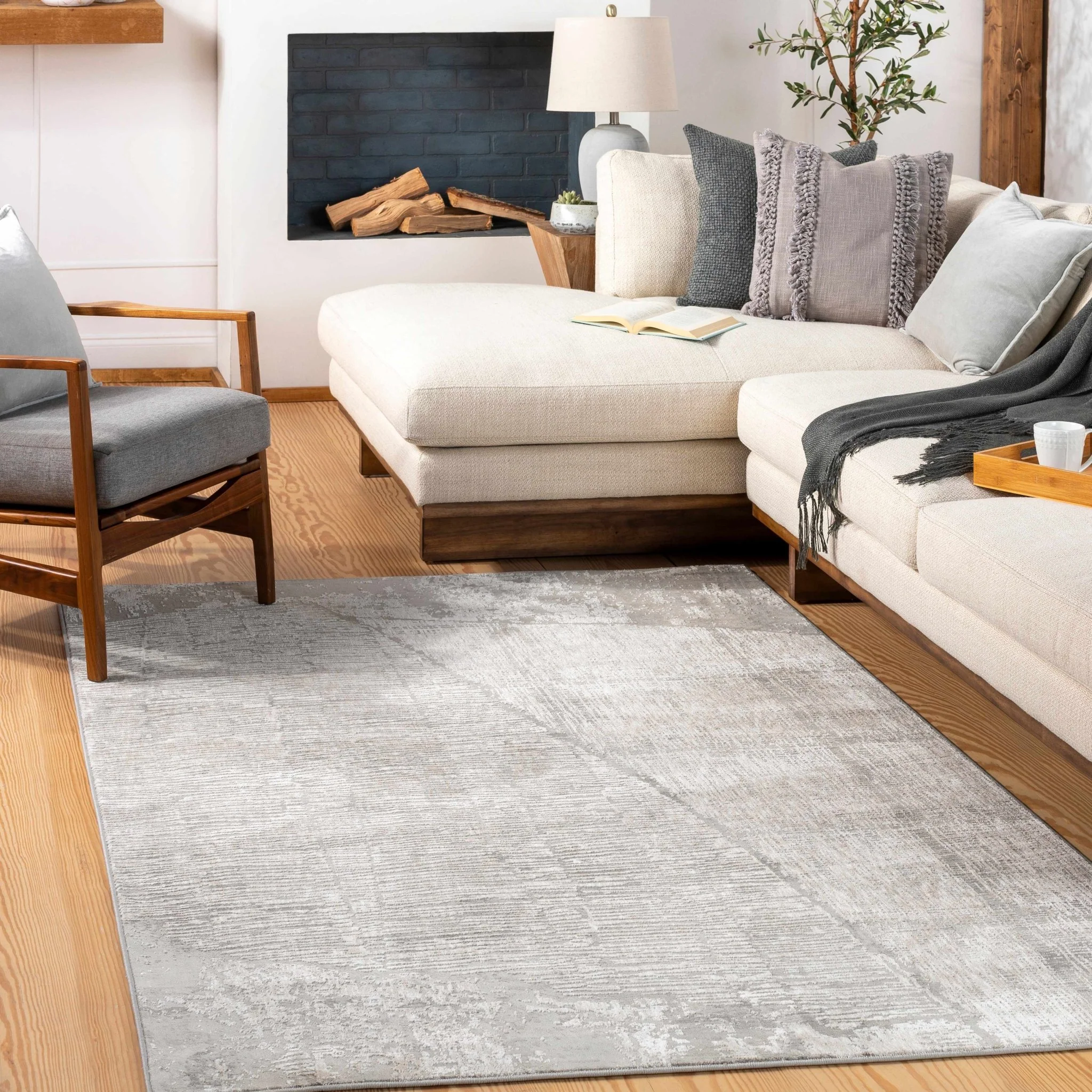Contemporary Abstract Ivory And Gray Rug - Image 4