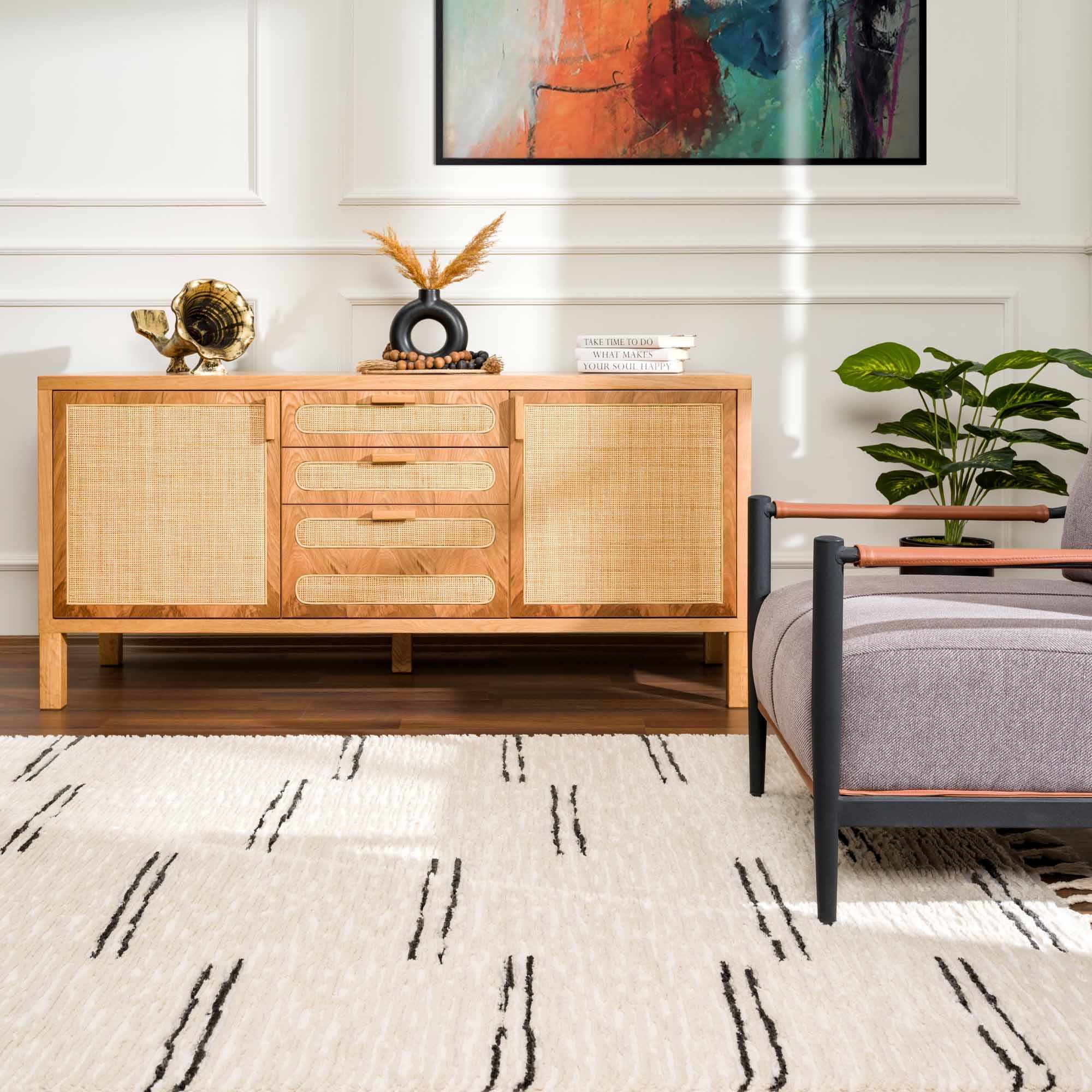 Modern Contemporary Beige and Black High-Low Pile Area Rug - Image 17