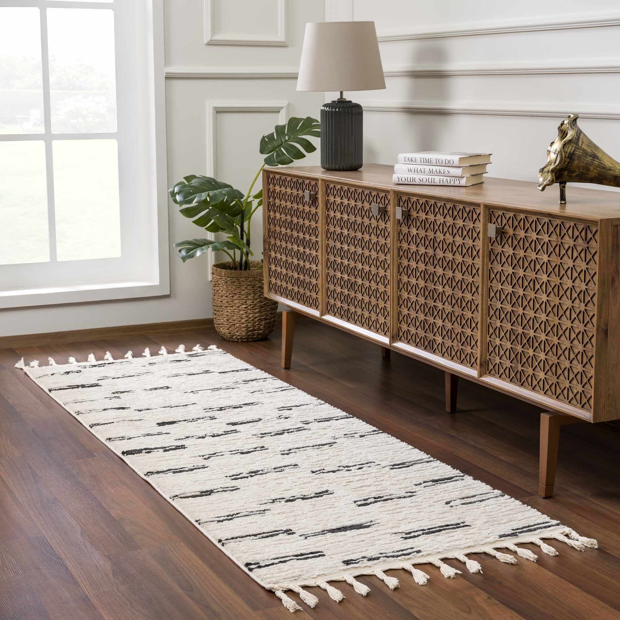 Modern Contemporary Beige and Black High-Low Pile Area Rug - Image 4