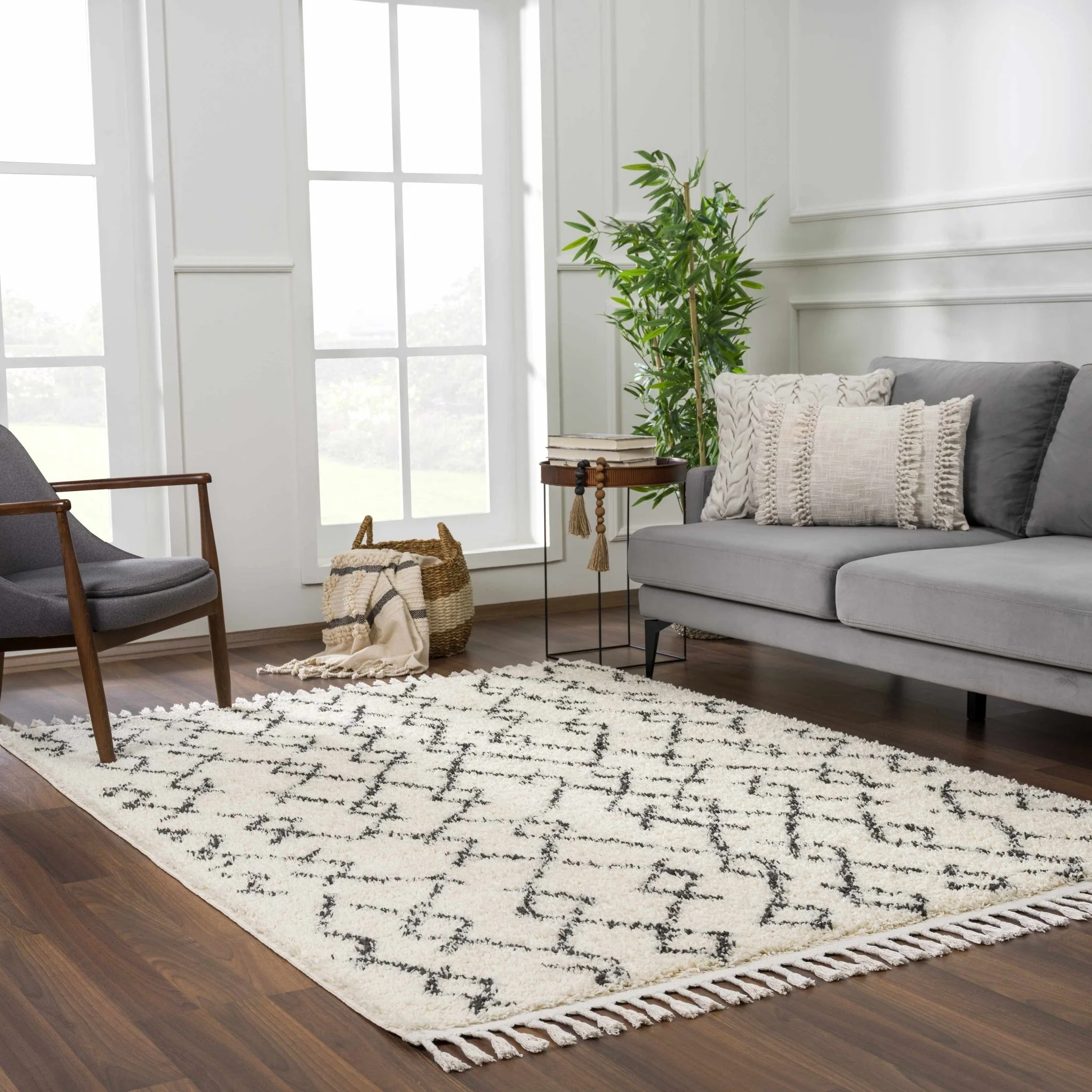 Modern Contemporary Beige and Charcoal Tribal Trellis Plush Pile Area Rug - Image 19