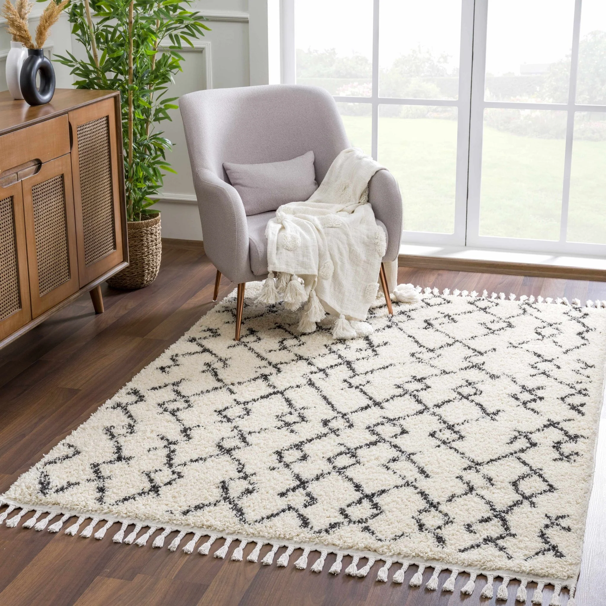 Modern Contemporary Beige and Charcoal Tribal Trellis Plush Pile Area Rug - Image 22