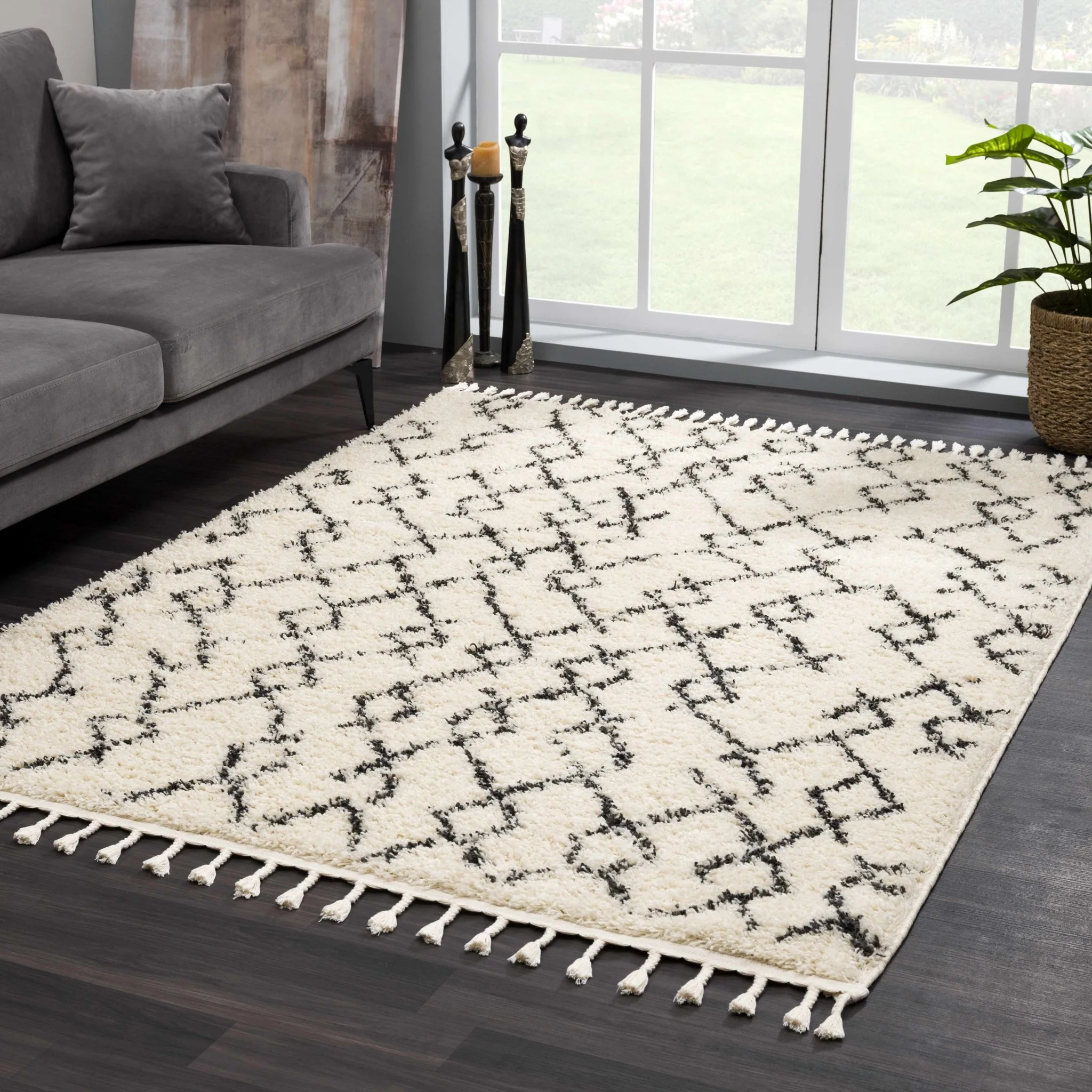 Modern Contemporary Beige and Charcoal Tribal Trellis Plush Pile Area Rug - Image 23
