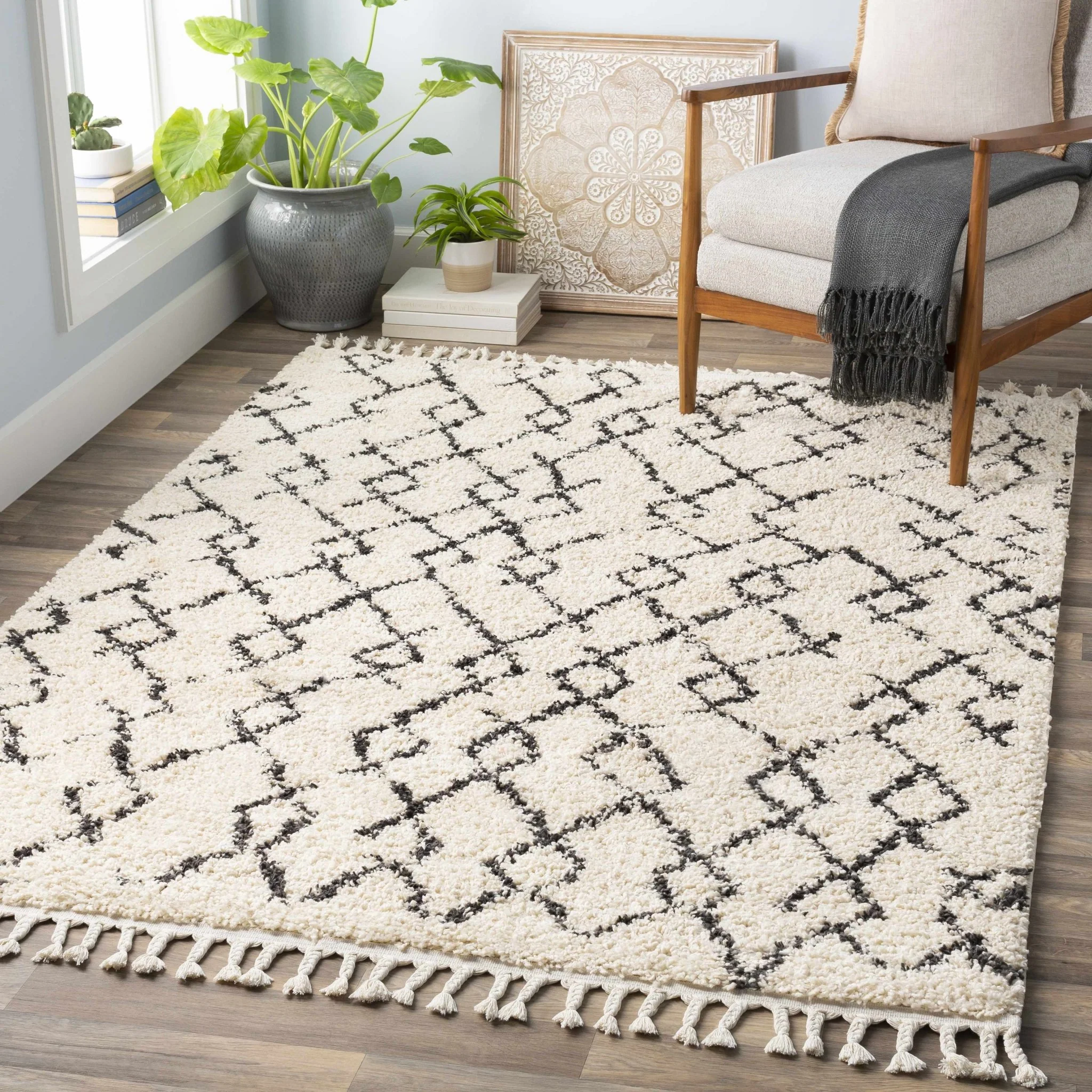 Modern Contemporary Beige and Charcoal Tribal Trellis Plush Pile Area Rug - Image 24