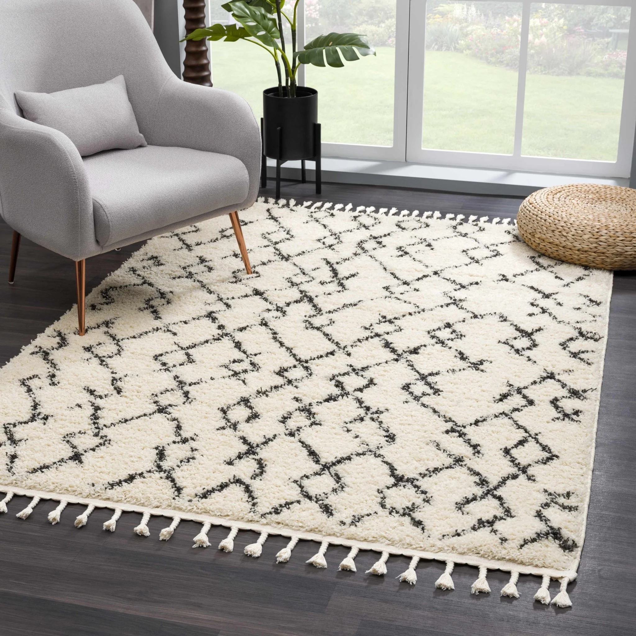 Modern Contemporary Beige and Charcoal Tribal Trellis Plush Pile Area Rug - Image 3