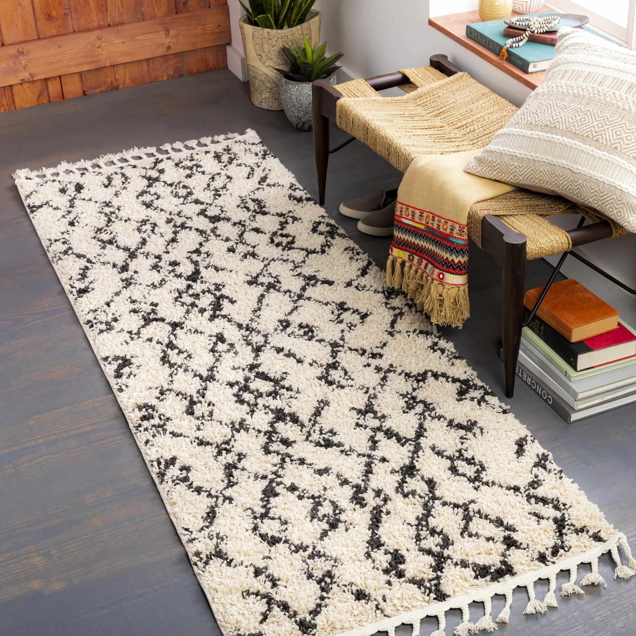 Modern Contemporary Beige and Charcoal Tribal Trellis Plush Pile Area Rug - Image 4