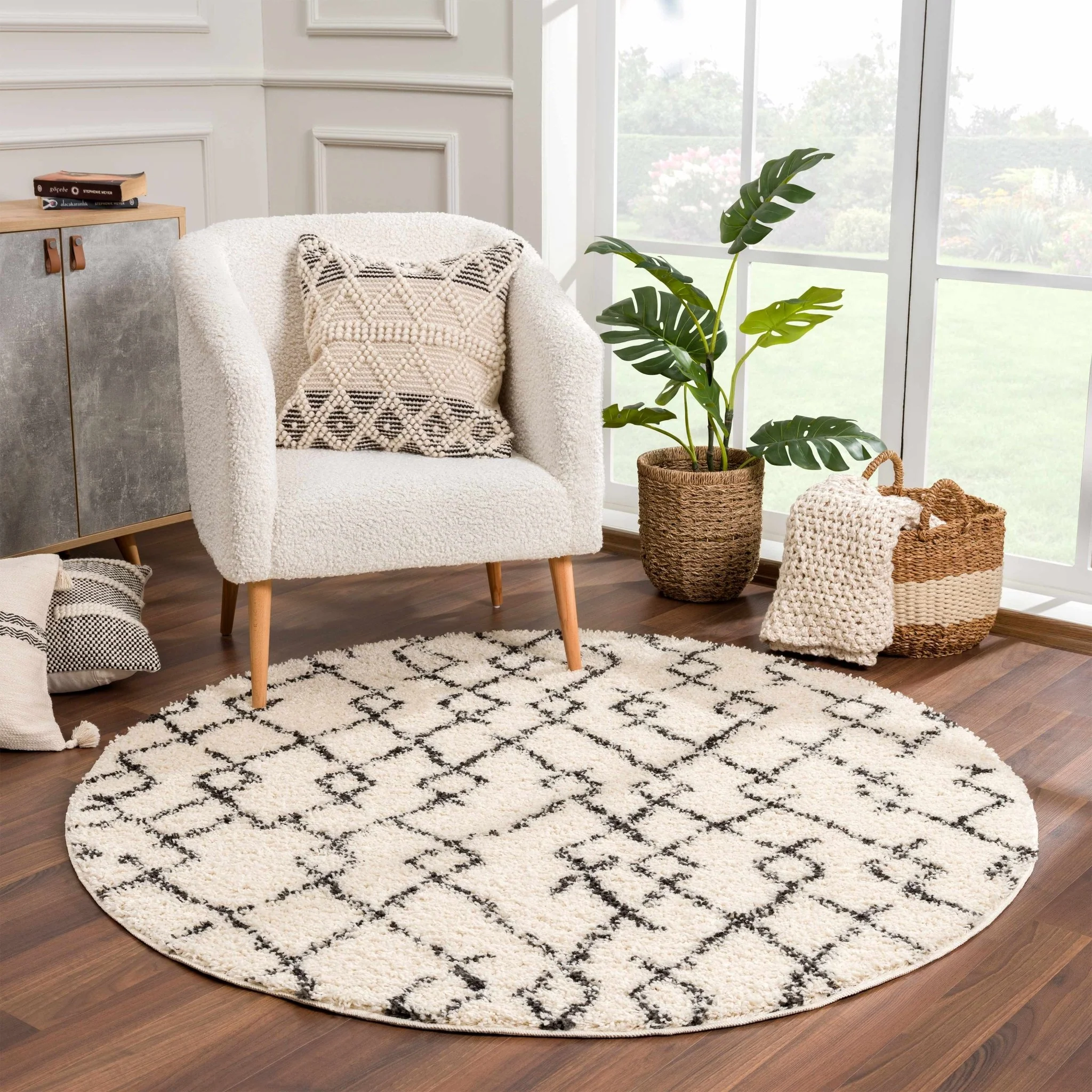 Modern Contemporary Beige and Charcoal Tribal Trellis Plush Pile Area Rug - Image 5