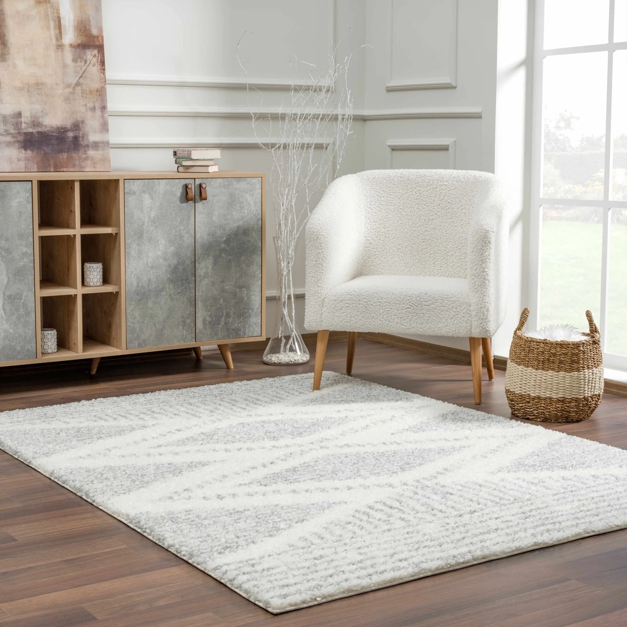 Modern Contemporary Beige and Gray Geometric Design Plush pile Area Rug - Image 14