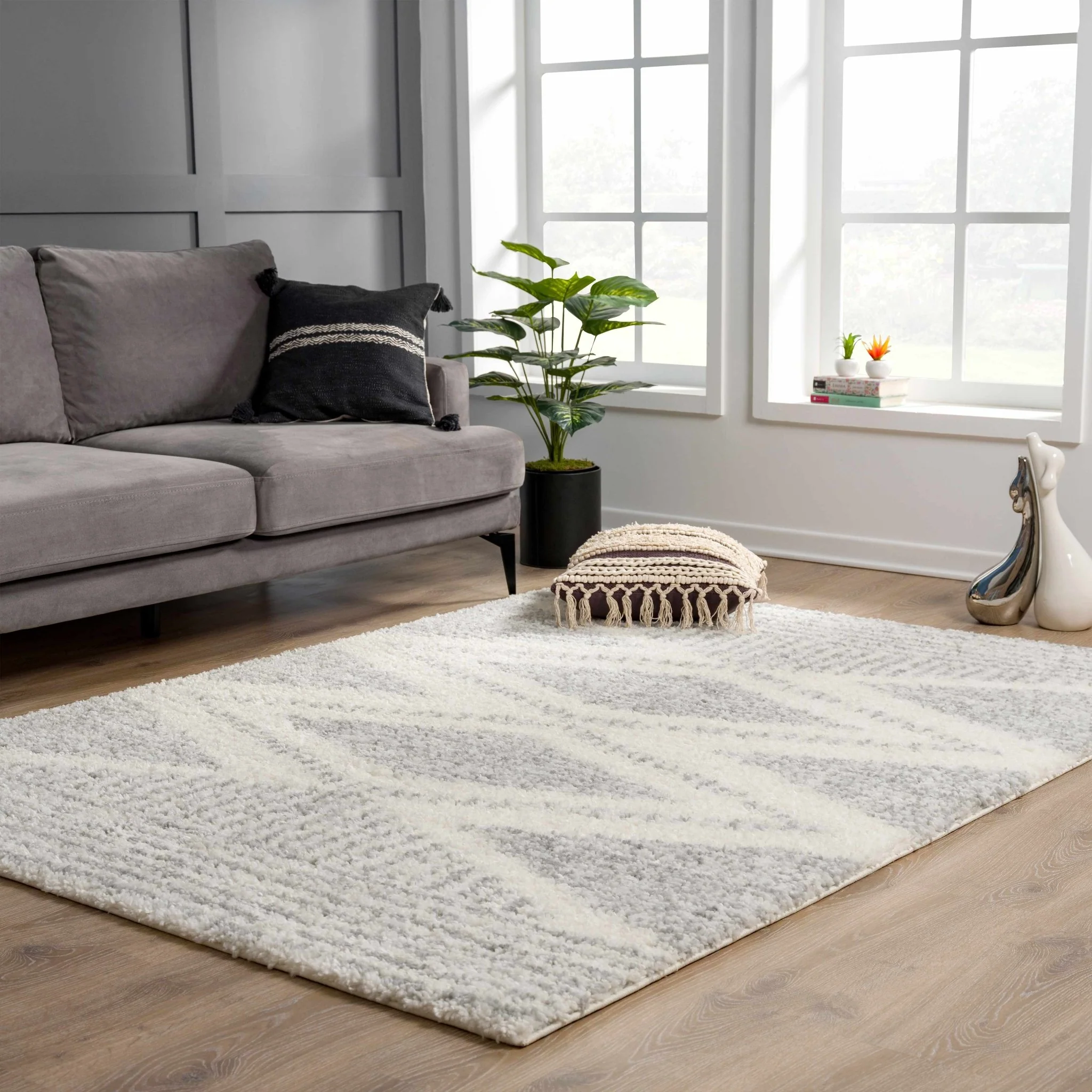 Modern Contemporary Beige and Gray Geometric Design Plush pile Area Rug - Image 15