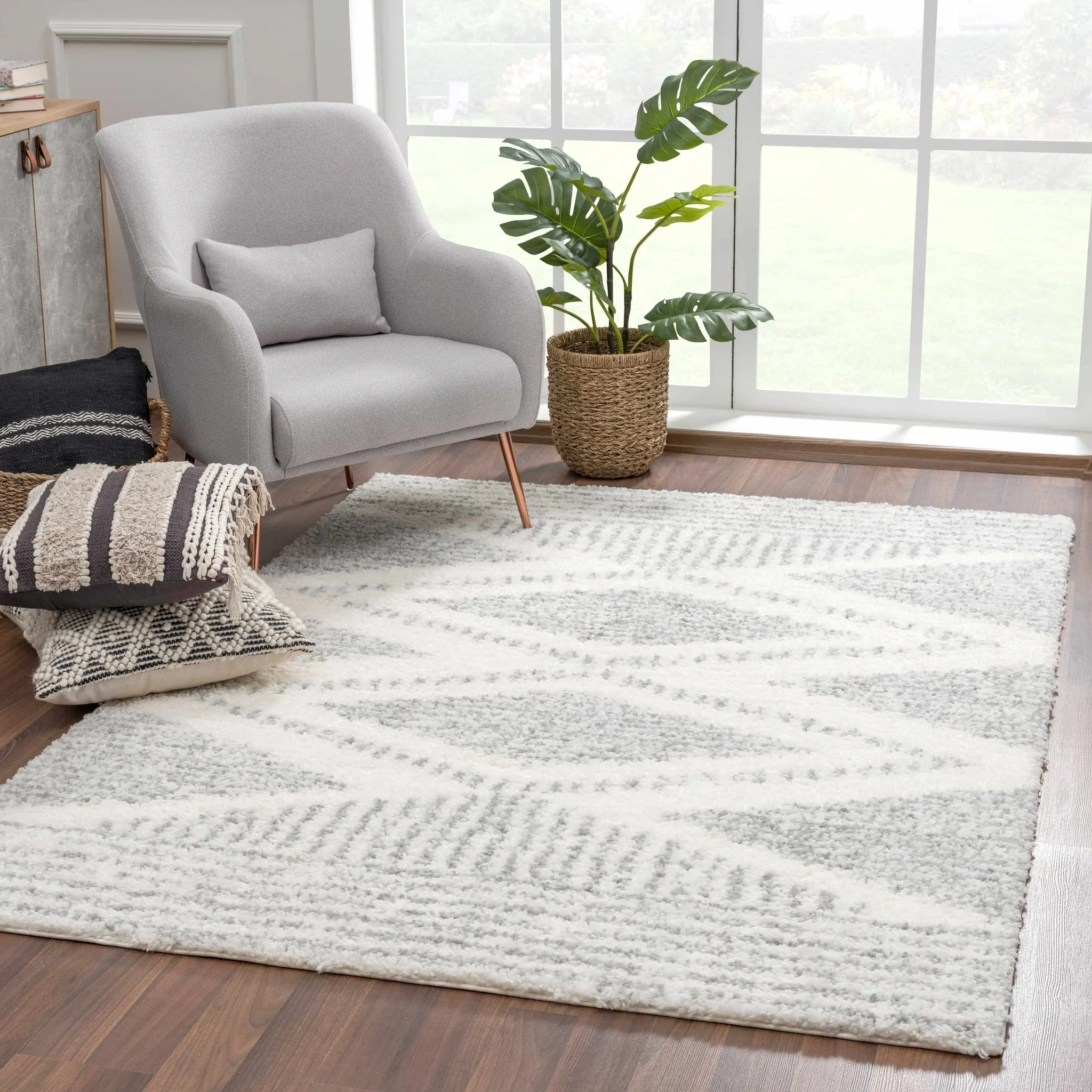 Modern Contemporary Beige and Gray Geometric Design Plush pile Area Rug - Image 2