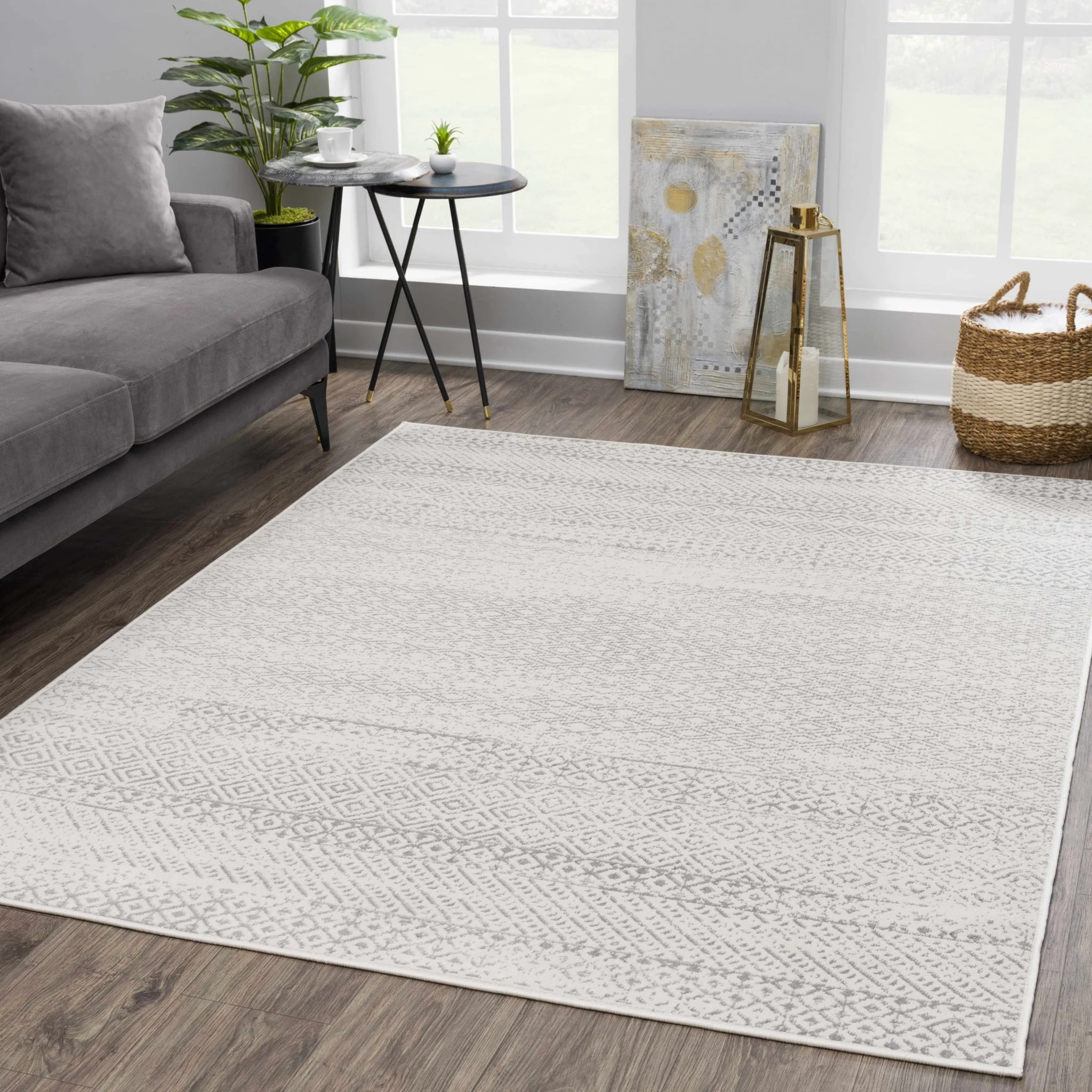 Contemporary Beige and Gray Tribal Trellis Medium pile Area Rug - Image 2