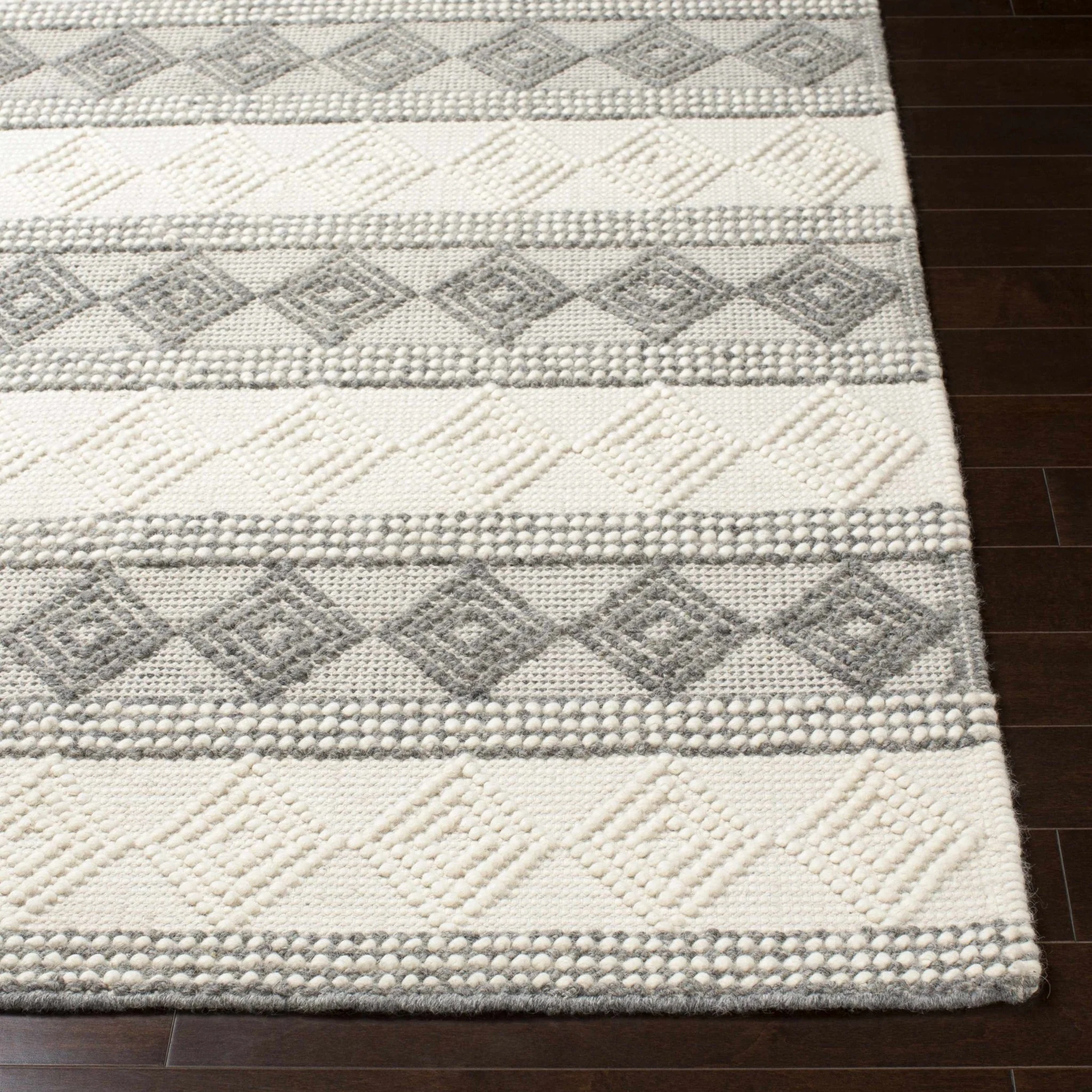 Hand Woven Contemporary Beige and Gray Bohemian Style Carved Design Wool Area Rug - Image 11
