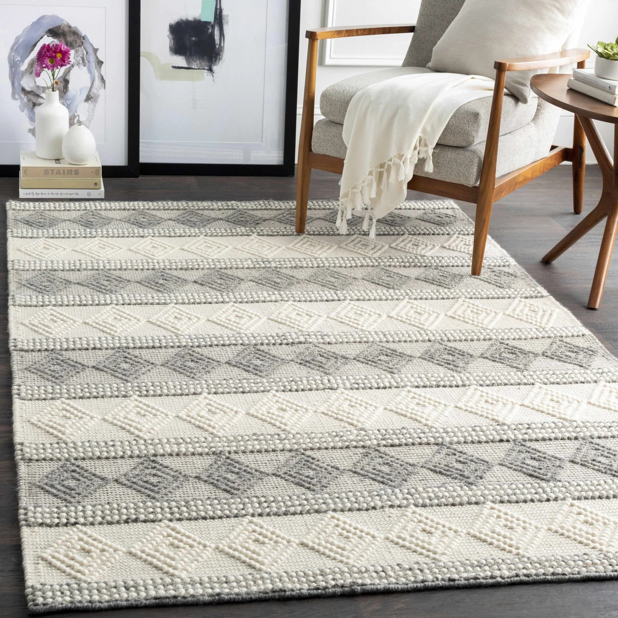 Hand Woven Contemporary Beige and Gray Bohemian Style Carved Design Wool Area Rug - Image 16