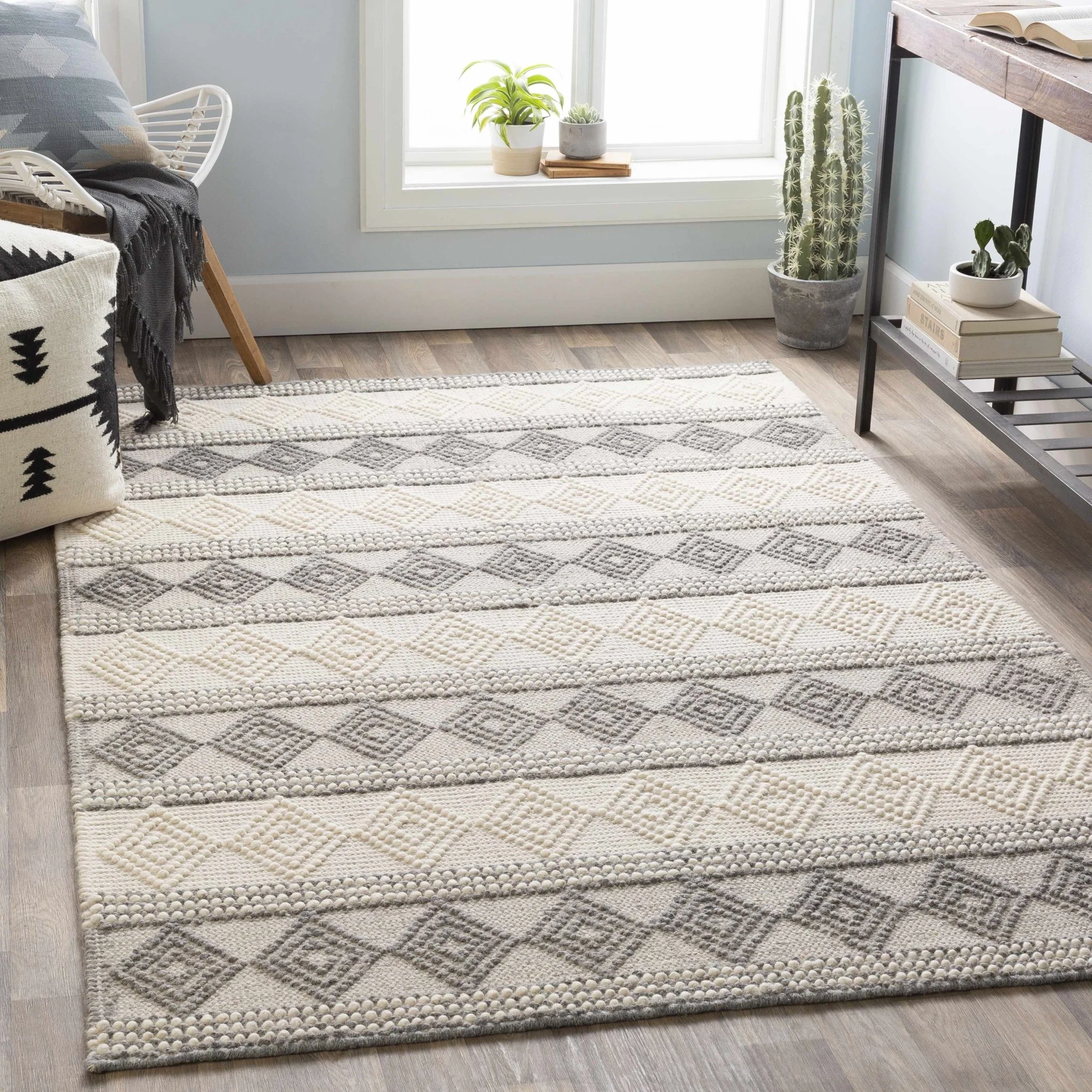 Hand Woven Contemporary Beige and Gray Bohemian Style Carved Design Wool Area Rug - Image 2