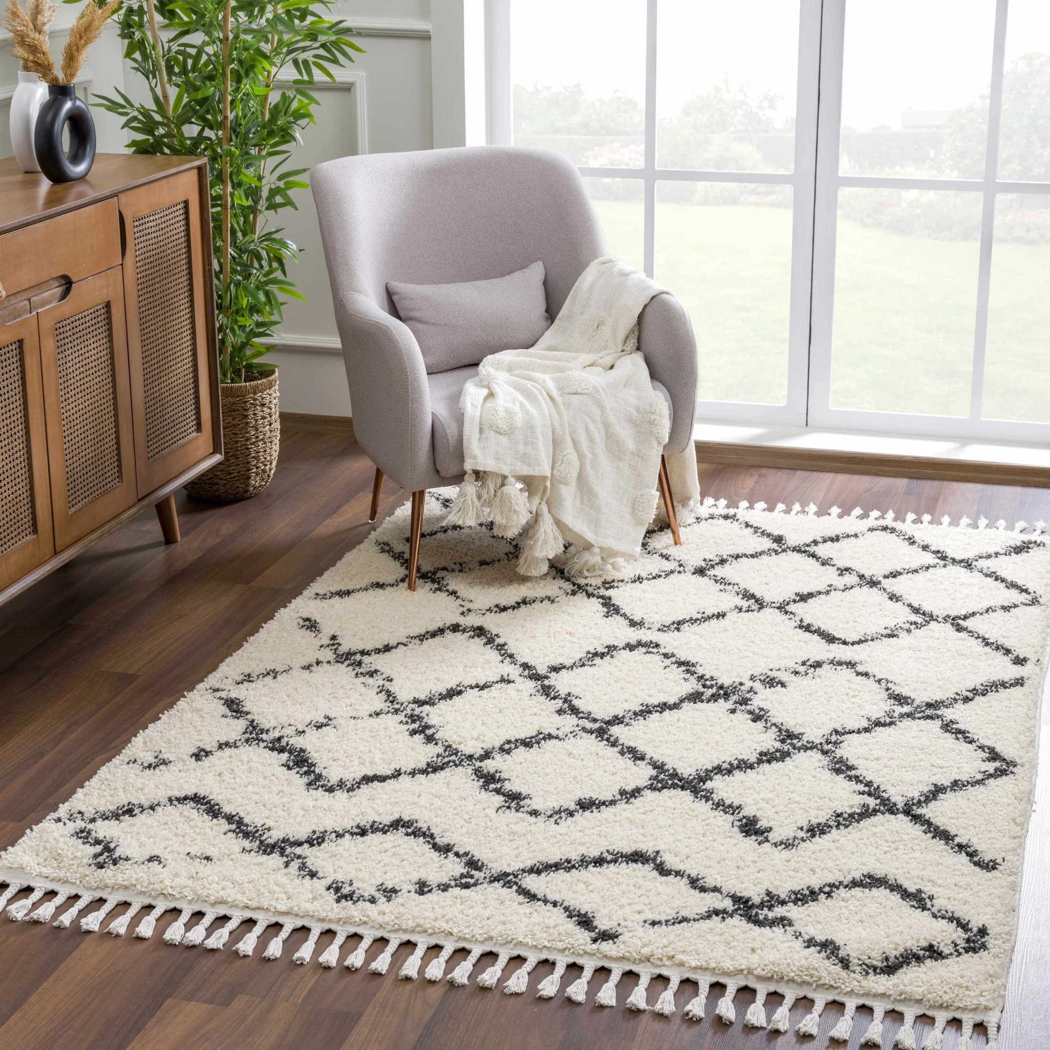 Modern Contemporary Beige and Charcoal Tribal Trellis Plush Pile Area Rug - Image 20