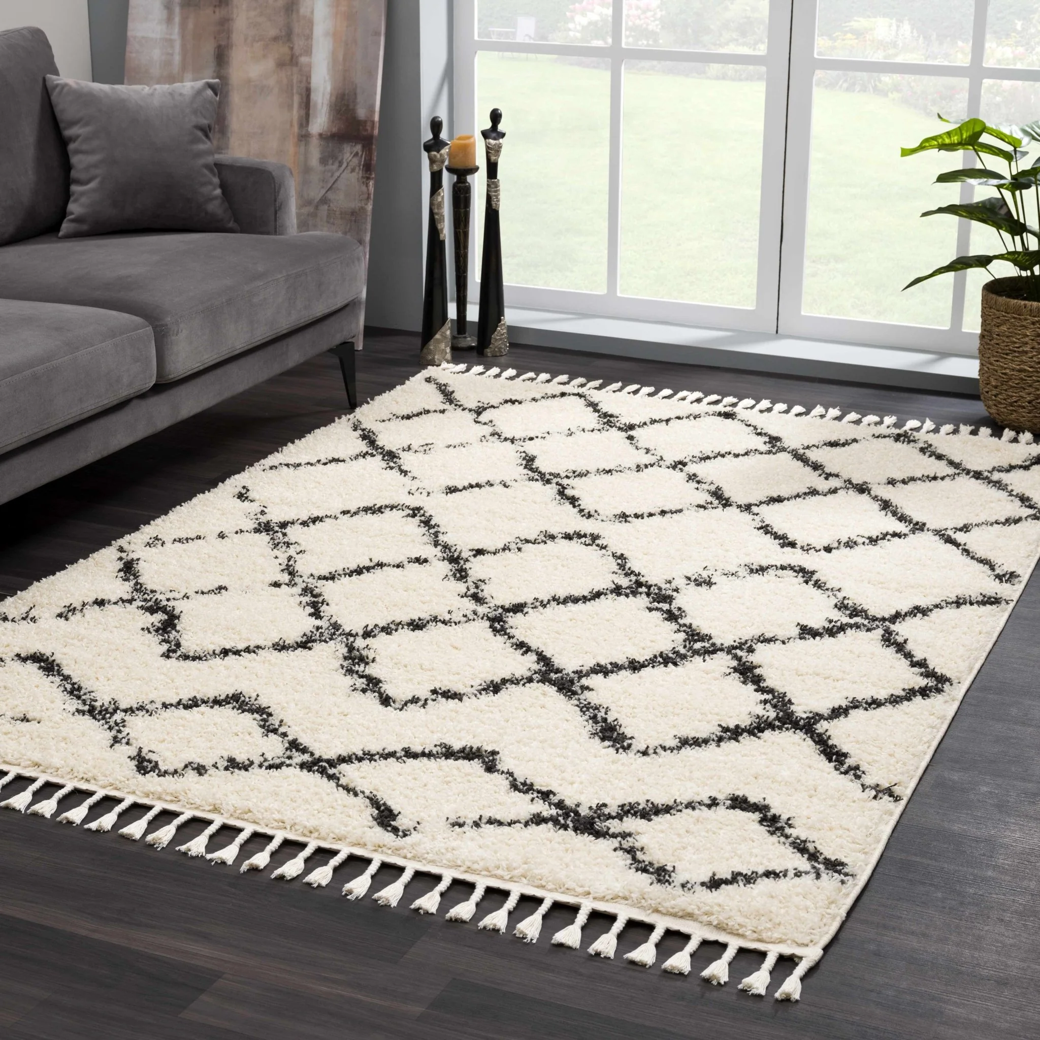 Modern Contemporary Beige and Charcoal Tribal Trellis Plush Pile Area Rug - Image 22