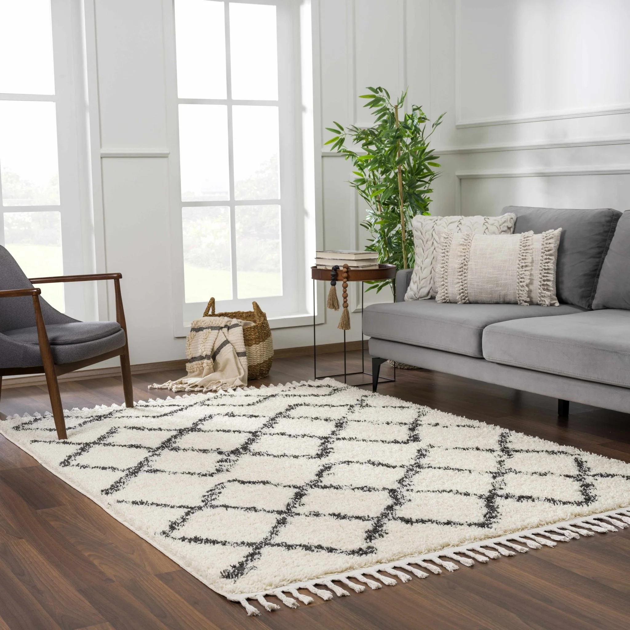 Modern Contemporary Beige and Charcoal Tribal Trellis Plush Pile Area Rug - Image 24