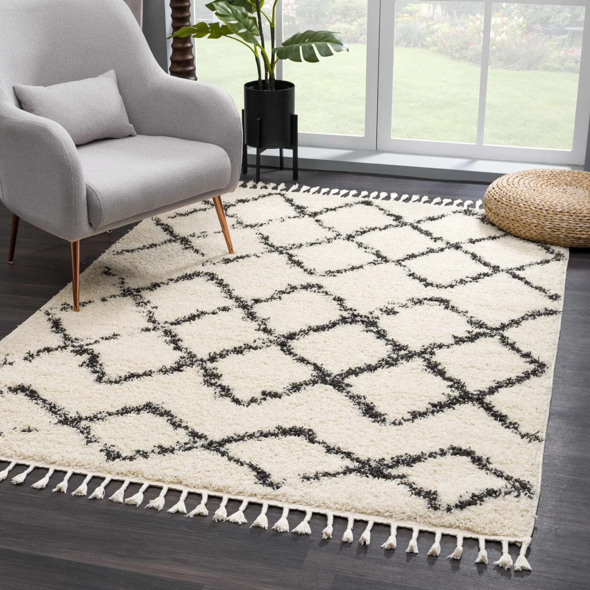 Modern Contemporary Beige and Charcoal Tribal Trellis Plush Pile Area Rug - Image 3