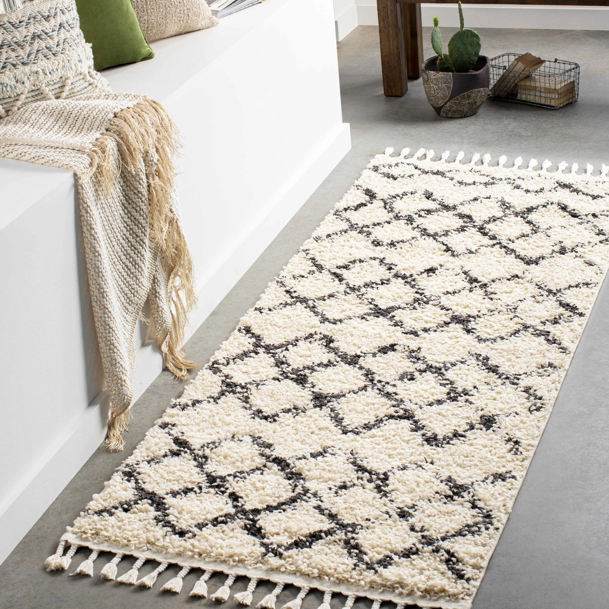 Modern Contemporary Beige and Charcoal Tribal Trellis Plush Pile Area Rug - Image 4