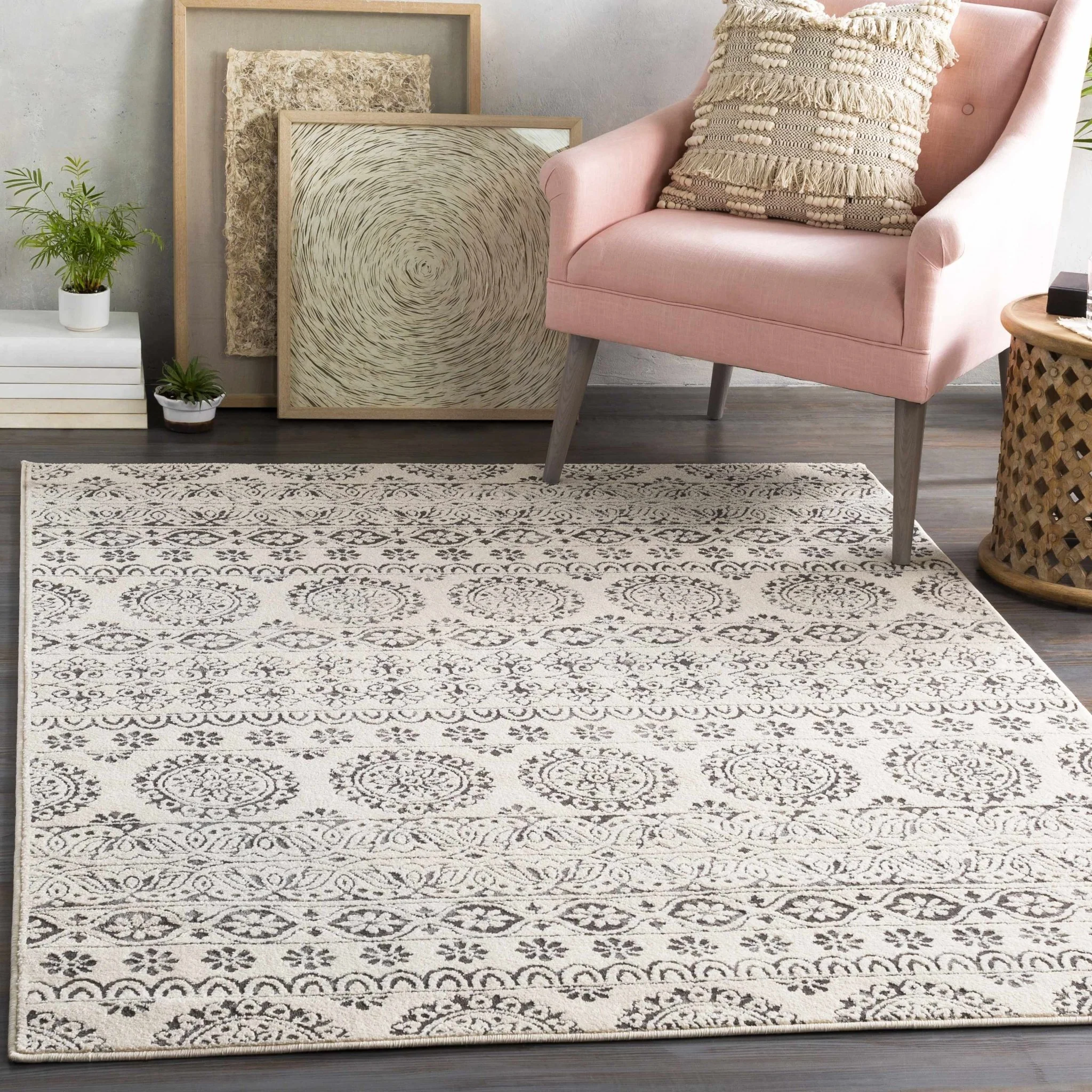 Contemporary Beige and Charcoal Tribal Design Medium Pile Area Rug - Image 2
